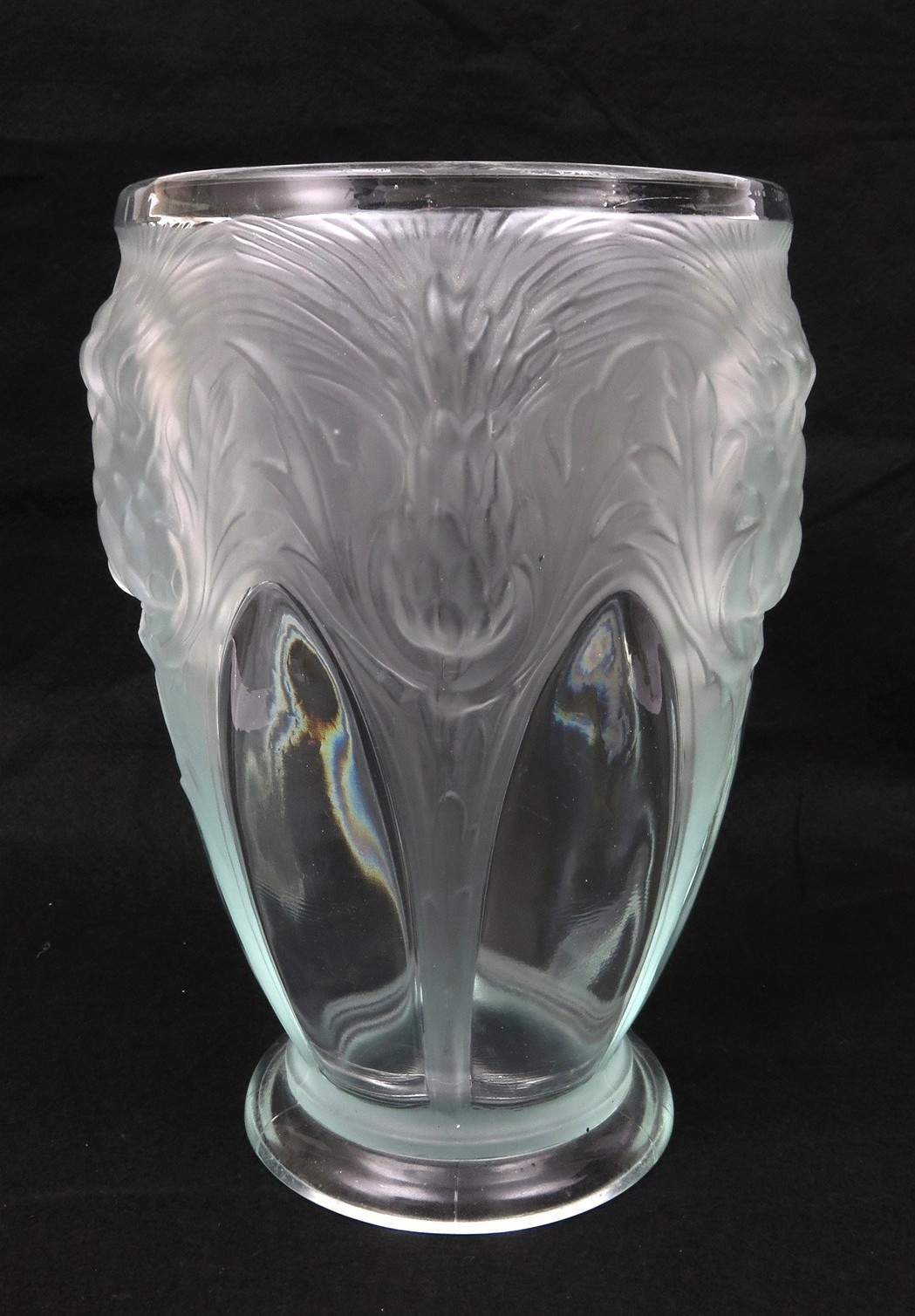 Verlys Art Deco High Relief Thistle Motif Glass Vase 9.75″ tall