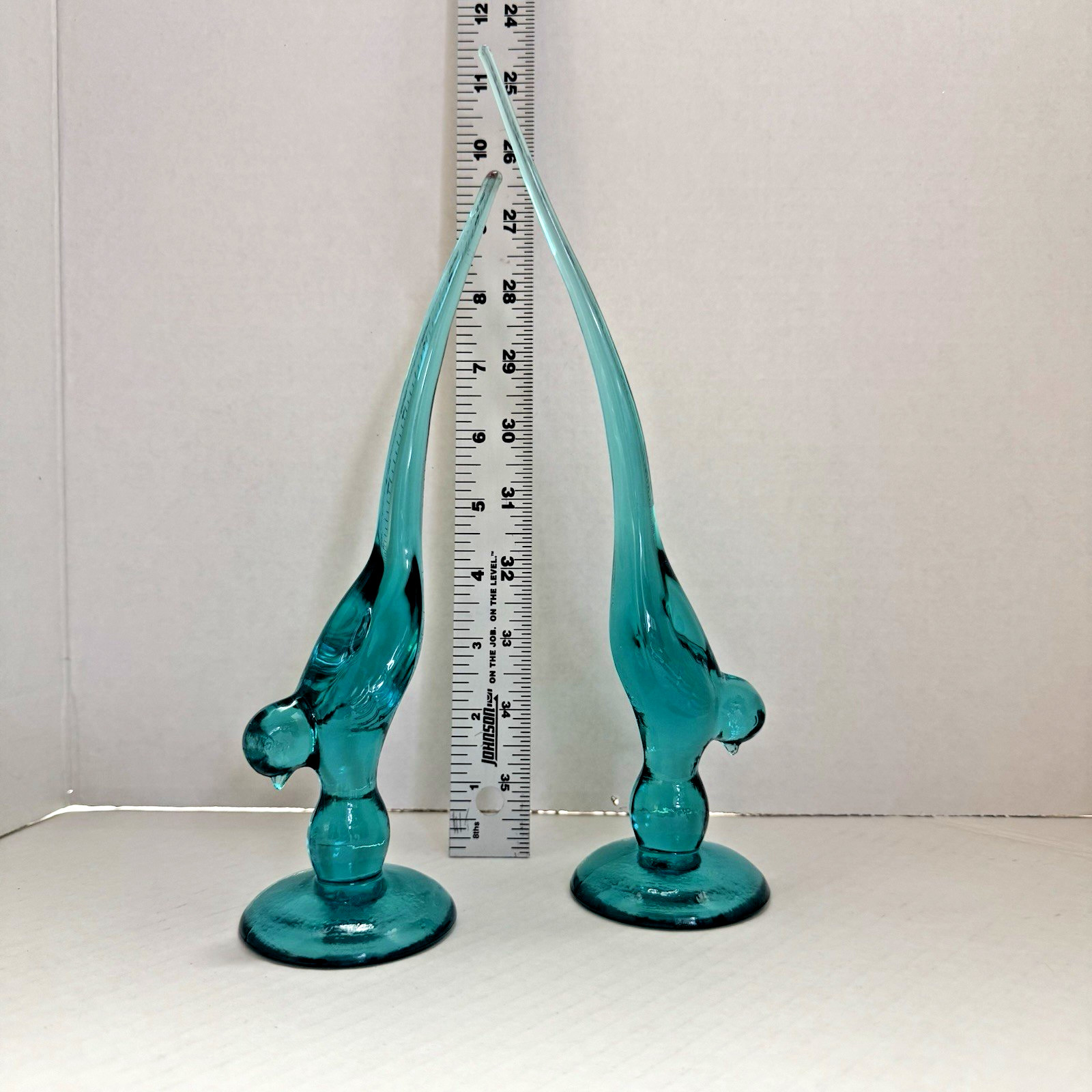Lot Of 2 Vintage Long Tail Birds Turquoise Glass 9 3/4″ & 11 1/2″