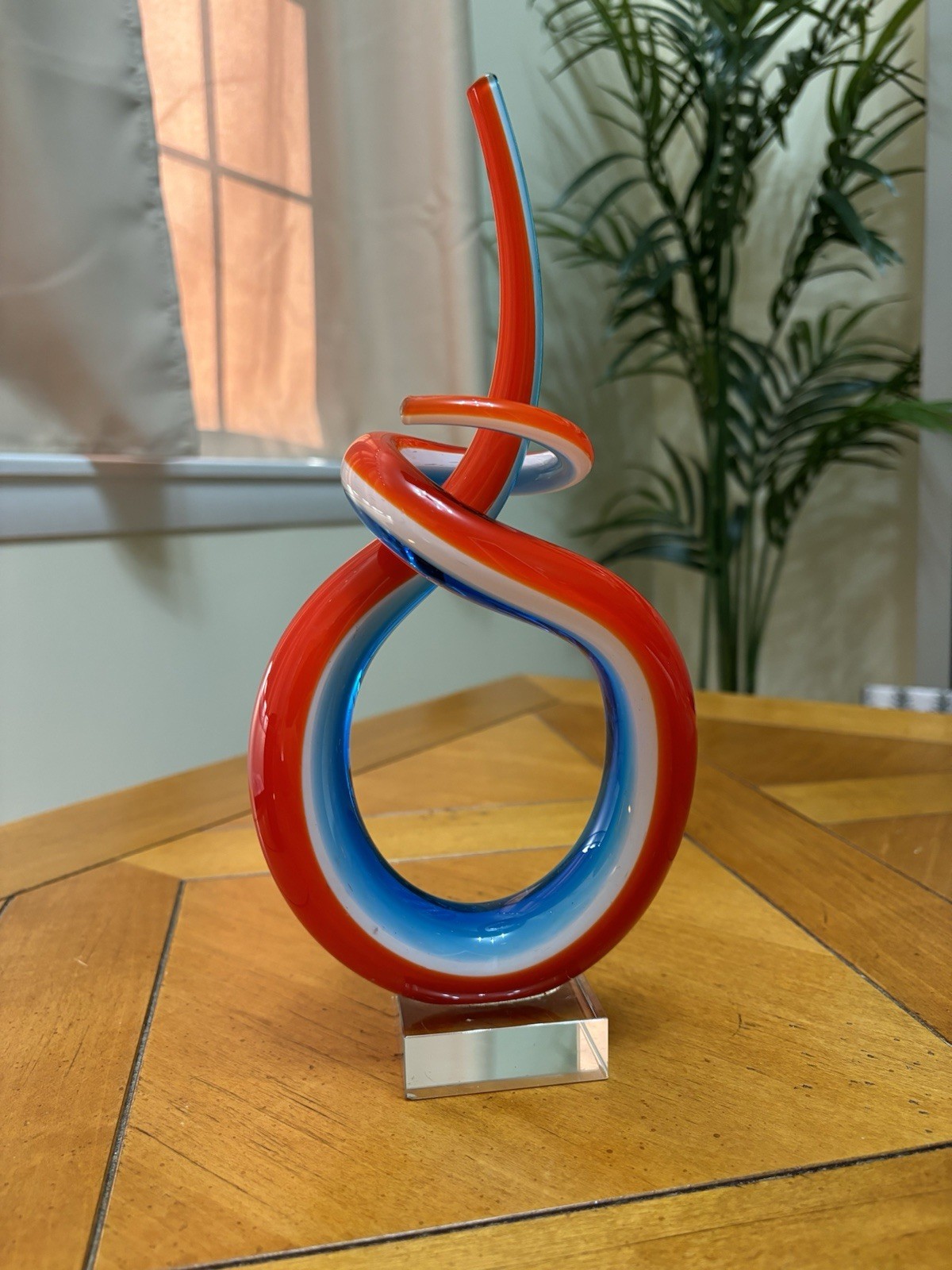 Murano Style Art Glass Sculpture Abstract Red White, And Blue 11″X5″