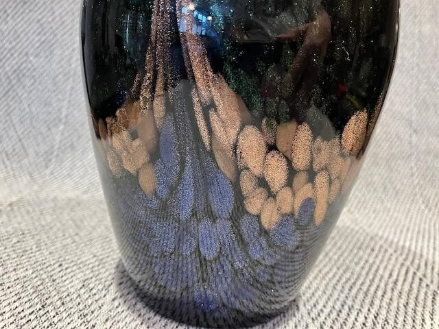 VINTAGE Murano Glass Black Vase With Gold Glitter Green Purple Bronze Scales🖤