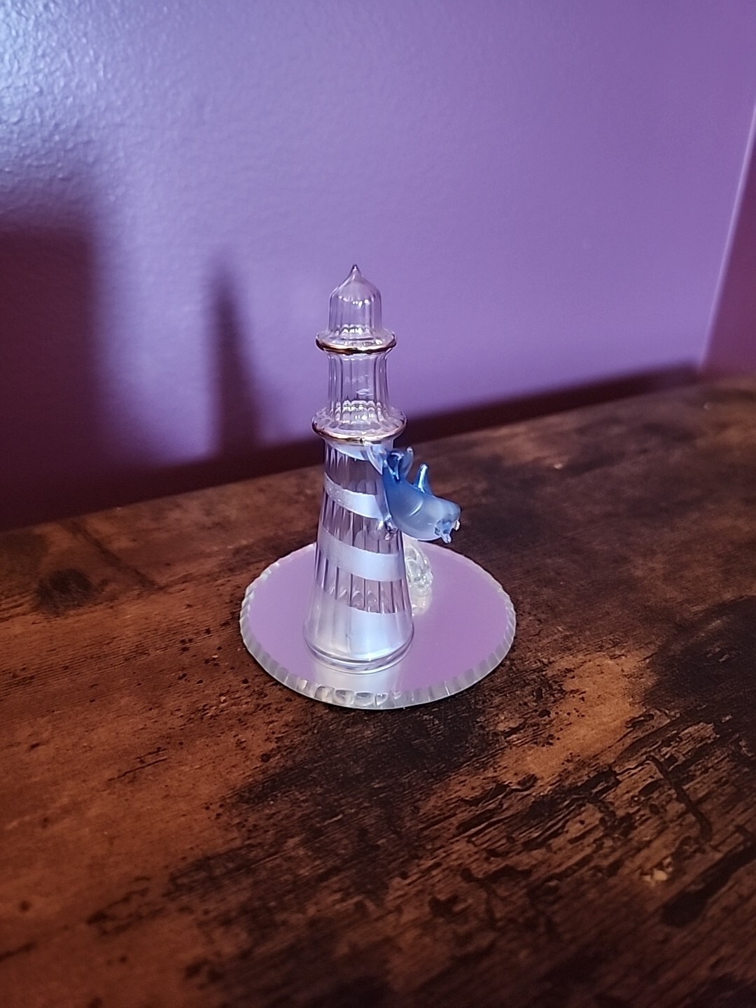 3″ Glass Lighthouse with Dolphin & Wave On Mirror | Blue & Gold Cute Gift Decor