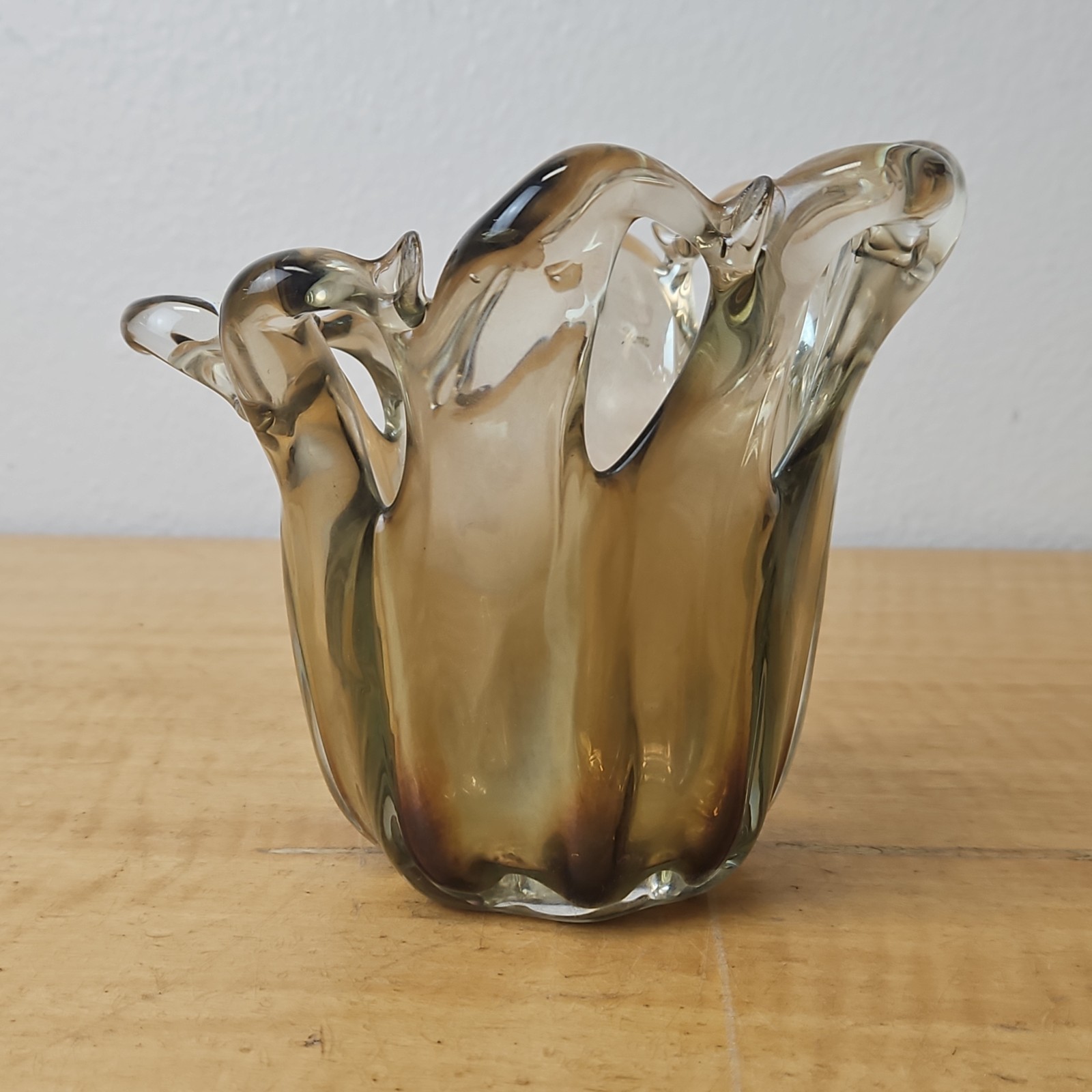 Murano Glass Vase free form with cutouts smokey brown 5 inch handmade in ITALY