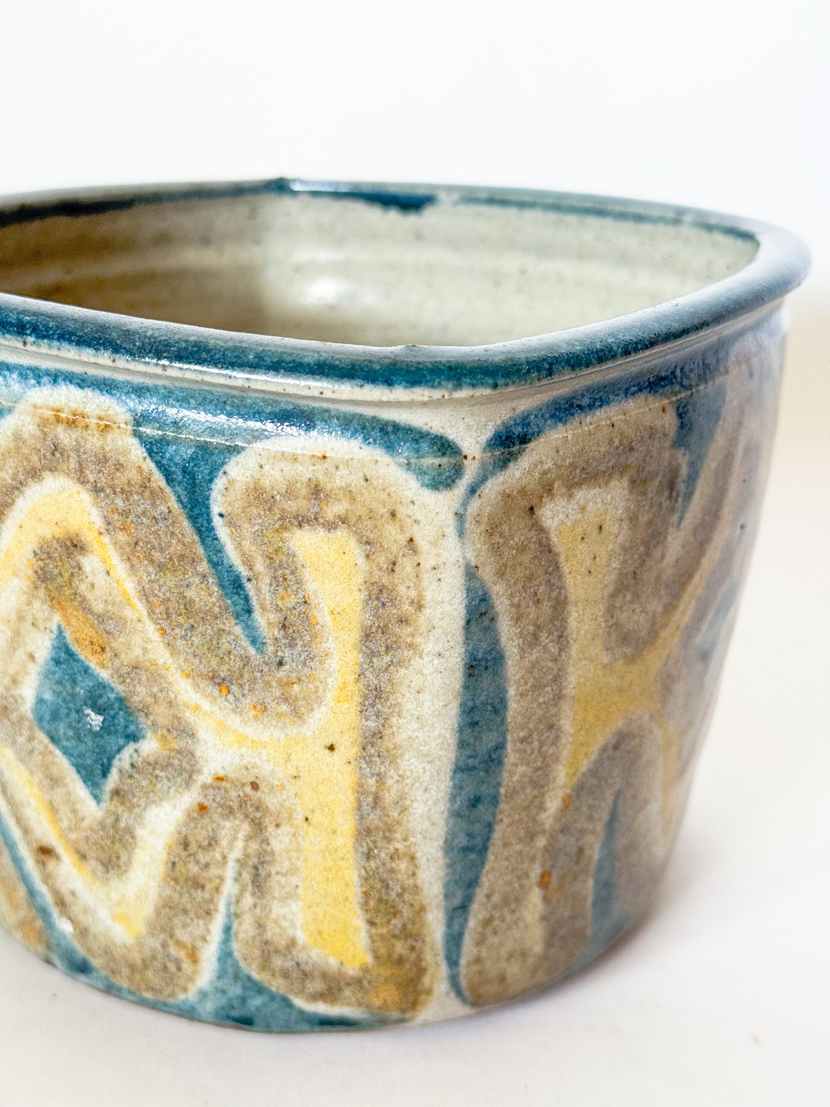 Mid 20th Century Glazed Studio Pottery Squared Planter, Signed, Mod Design