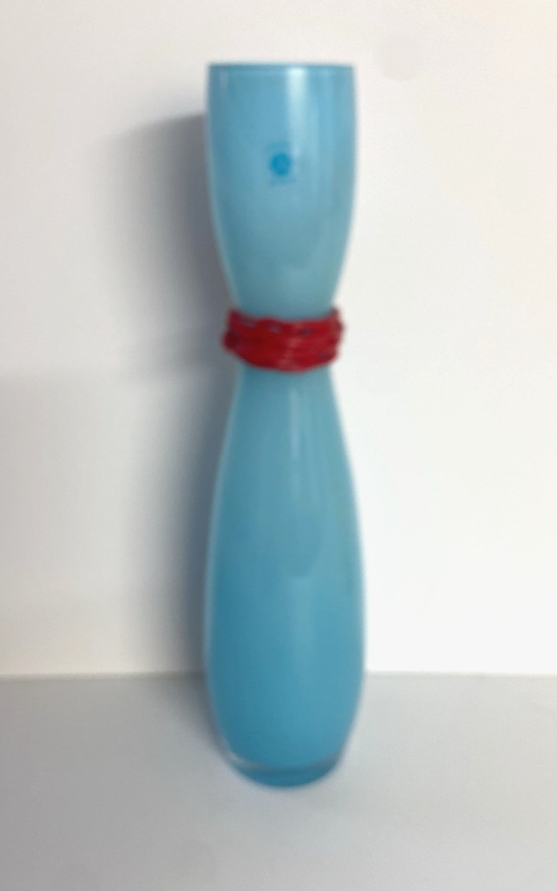 Rony Plesl Czech Art Glass Turquoise & Red Vase Hand Blown Signed 13″