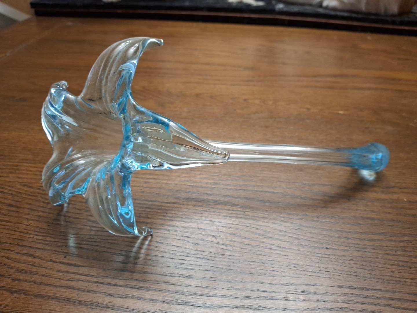 Vintage Glass Epergne Horn Vase Hand Blown/Hand Stretched Aqua Blue/Lily