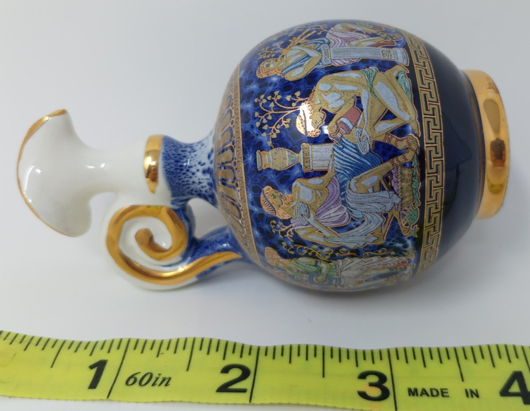 A. Roussi White and Blue Ceramic Vase Urn w/ 24k Gold Leaf Hand-Made In Greece