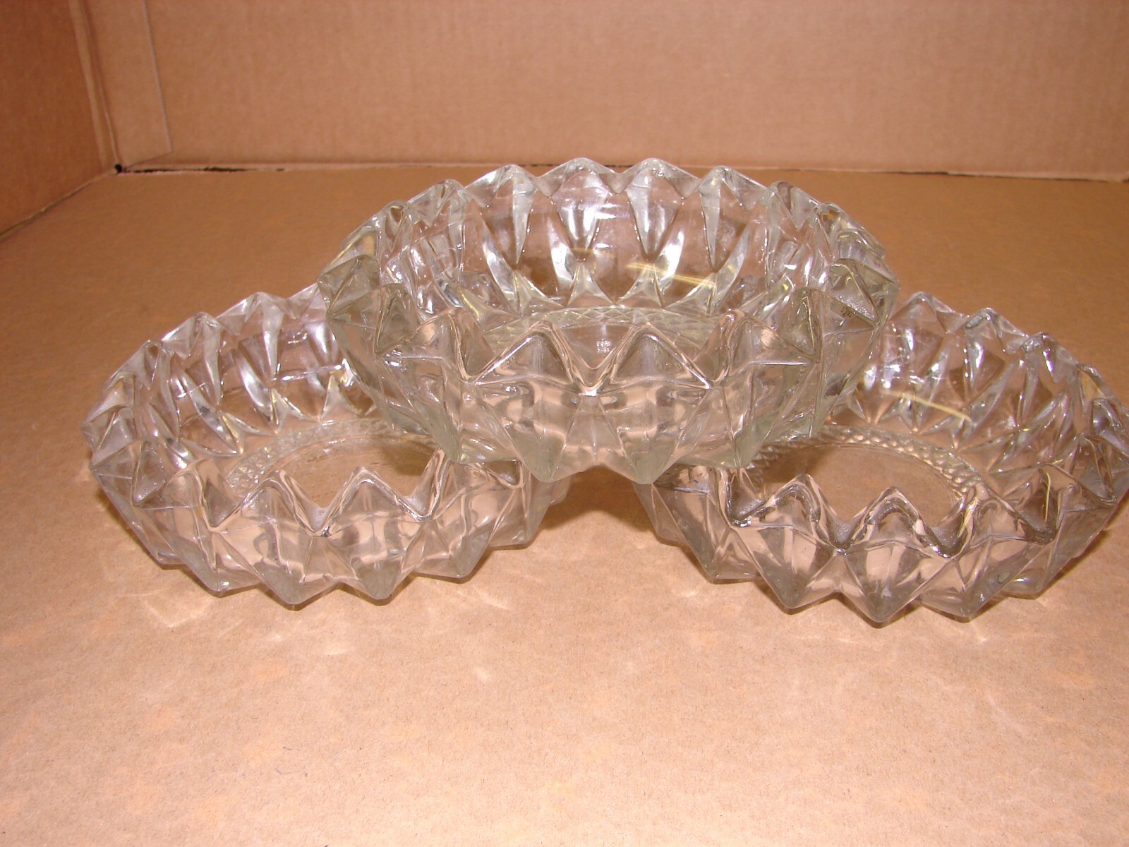 Lot of 3 Vintage KIG Indonesia Diamond Pressed Glass Clear Round Heavy Ashtrays
