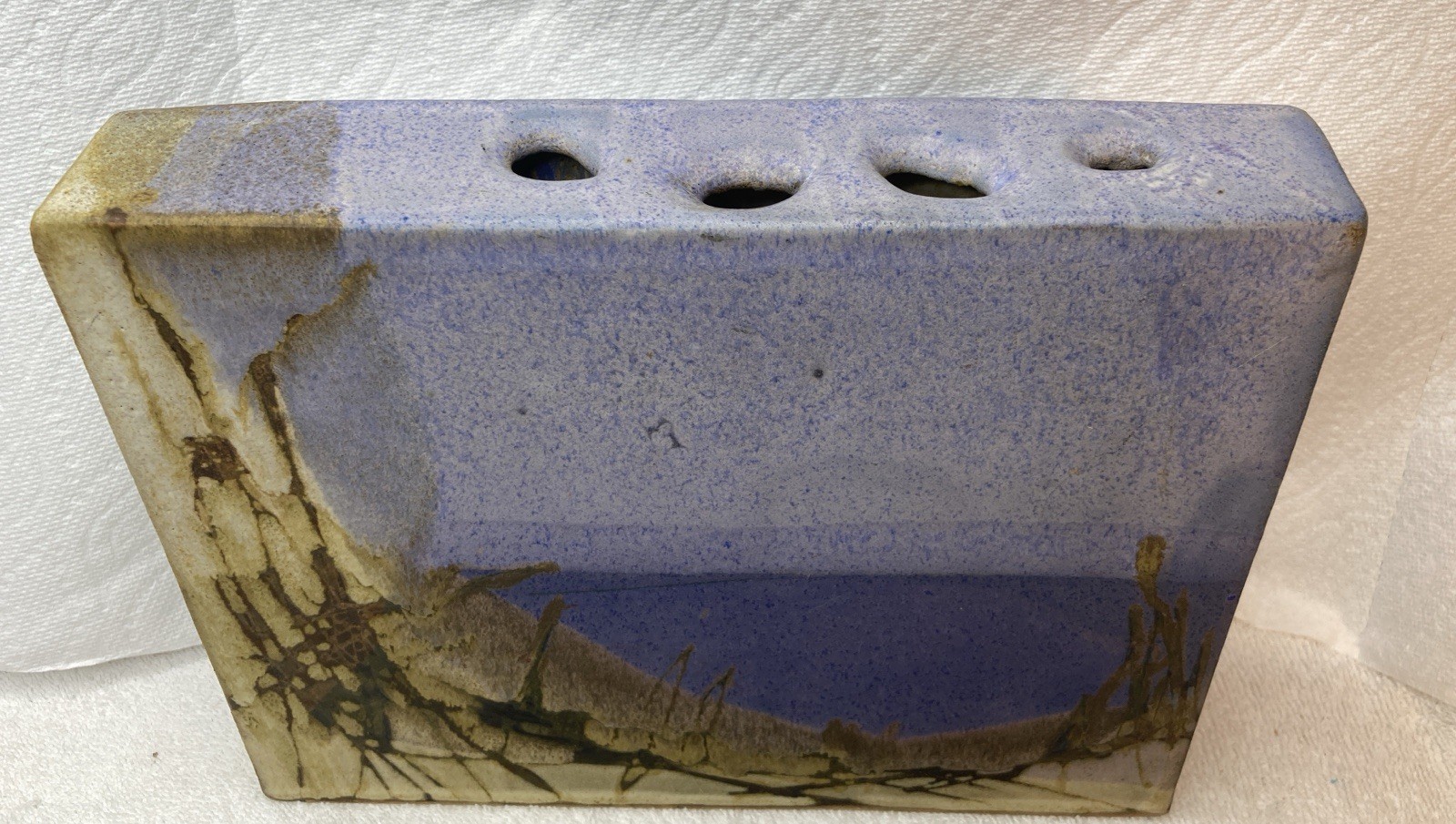 RARE! MCM Signed But Illegible 1962 Studio Ceramic Slab Vase With Seascape Motif