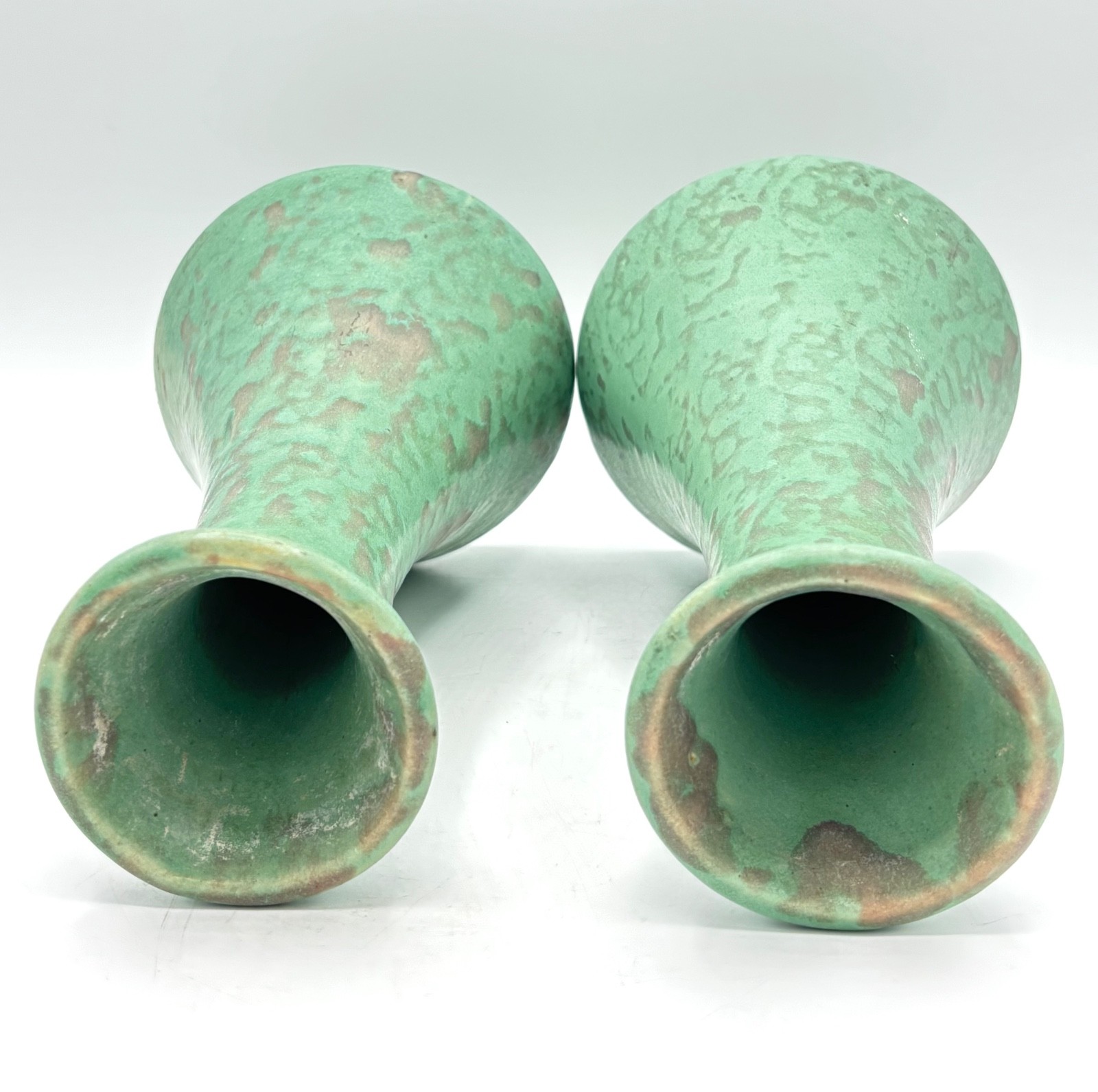 Vintage Brush McCoy Art Pottery Vase Vellum Mottled Green 1930s 8” Rare Set of 2