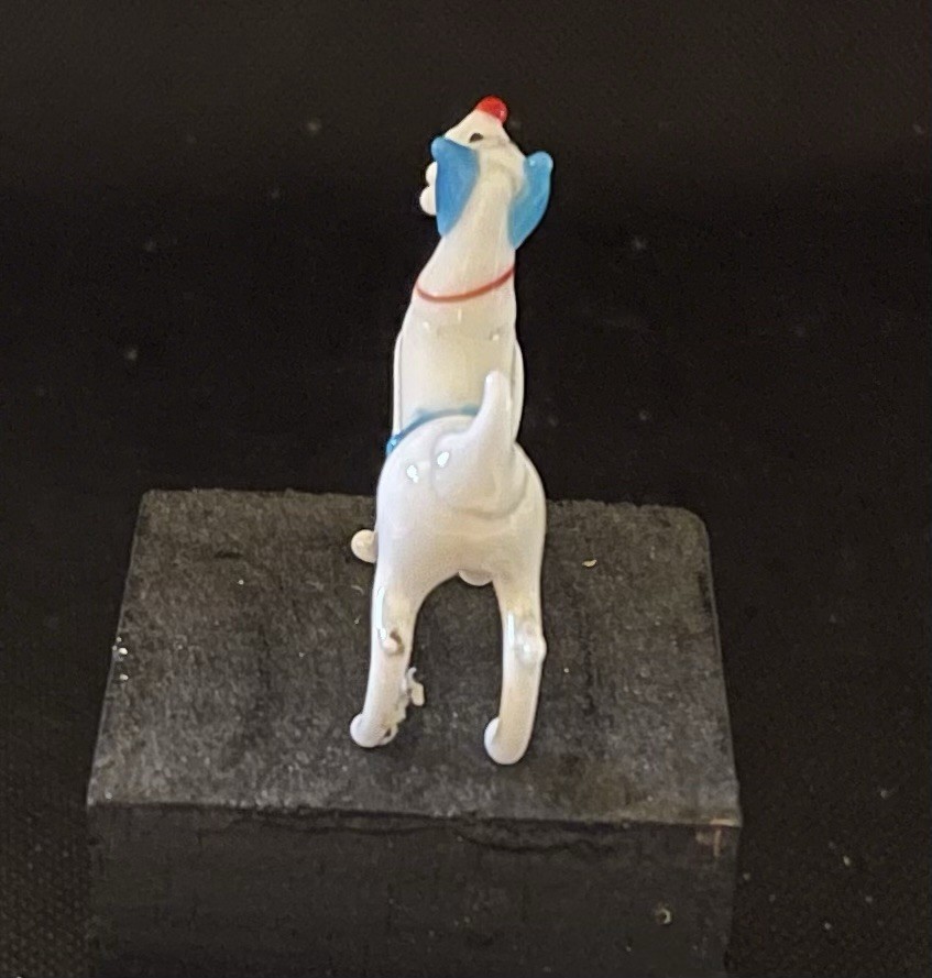 Hand Blown Colorful Murano Mini Dog Figure Spun Glass White & Blue