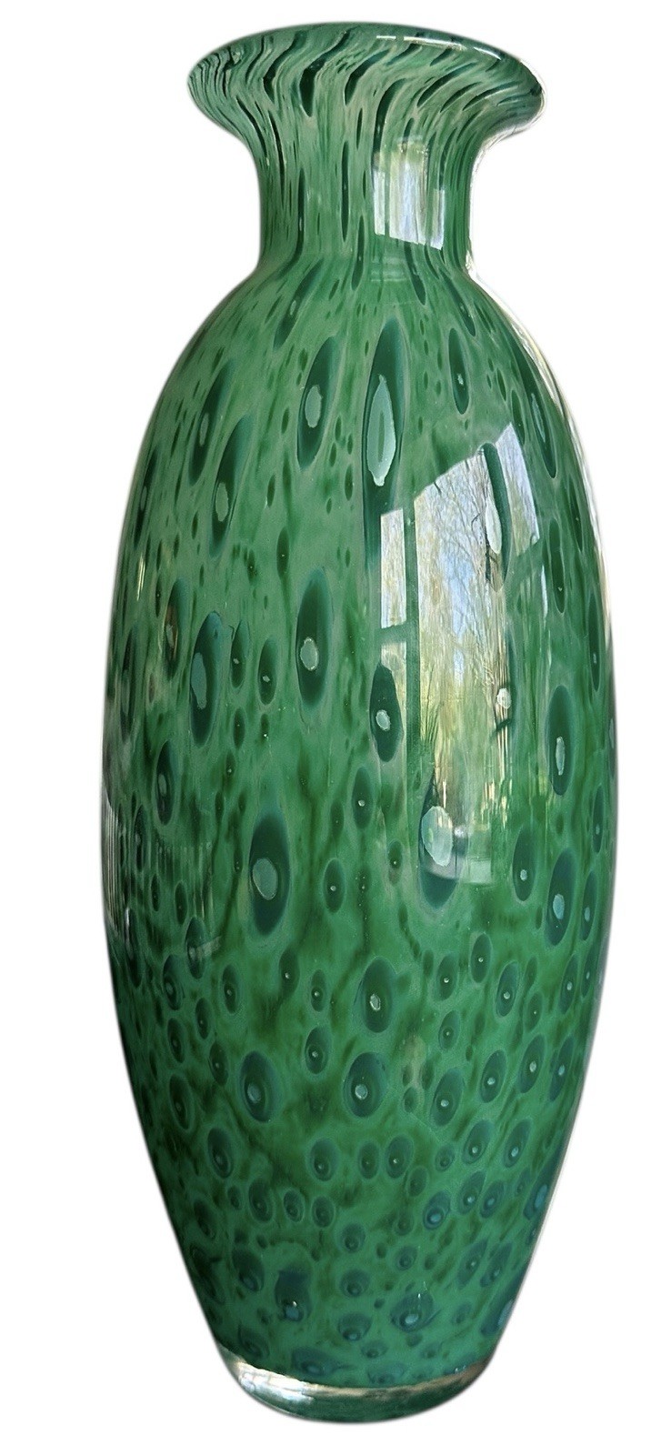 Art Glass Peacock Feathers Tall Vase 12 inch Emerald Green Blue Swirl Vintage