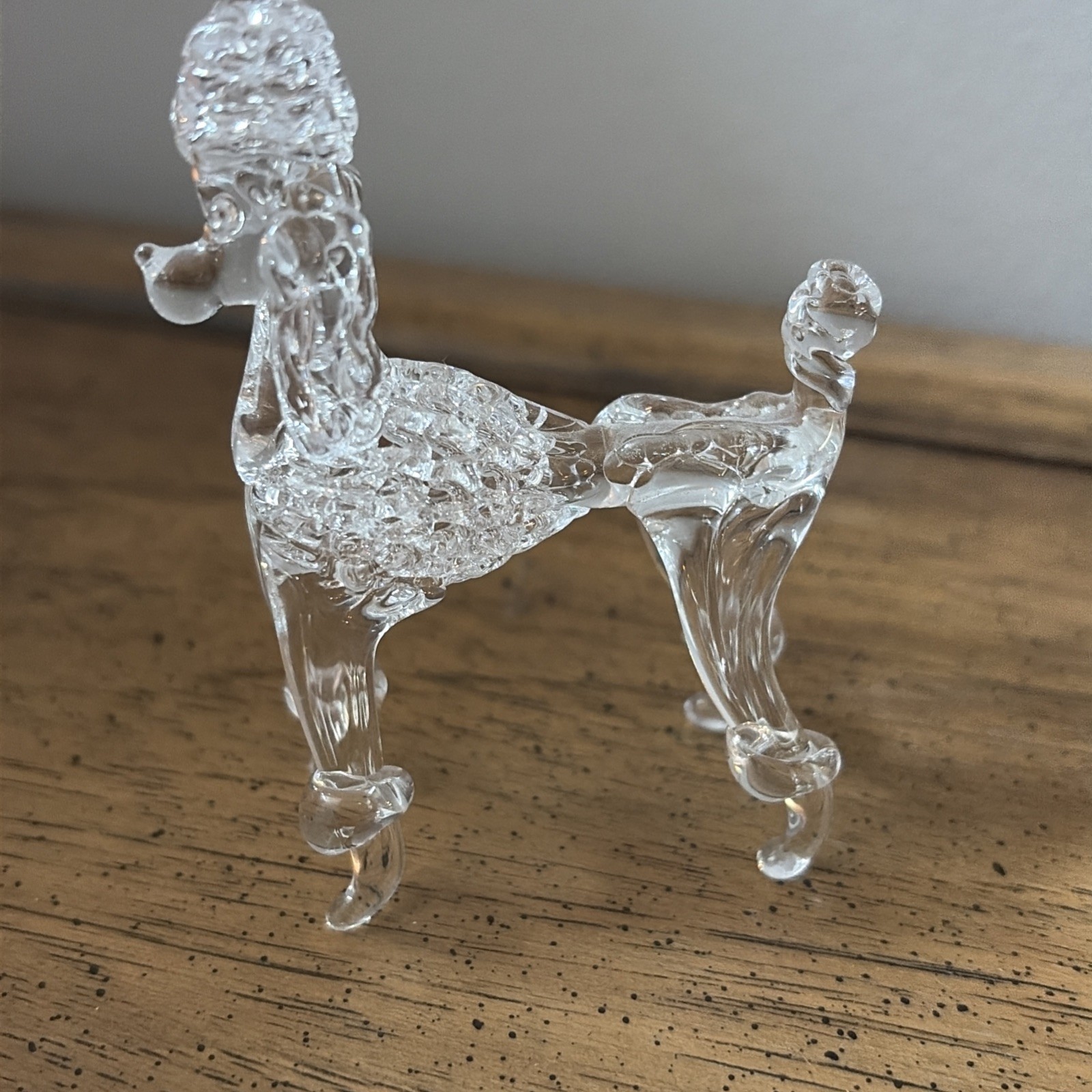 Vintage Hand Blown Art spun Glass Standing Poodle Dog Figurine Clear 3.25″ Tall