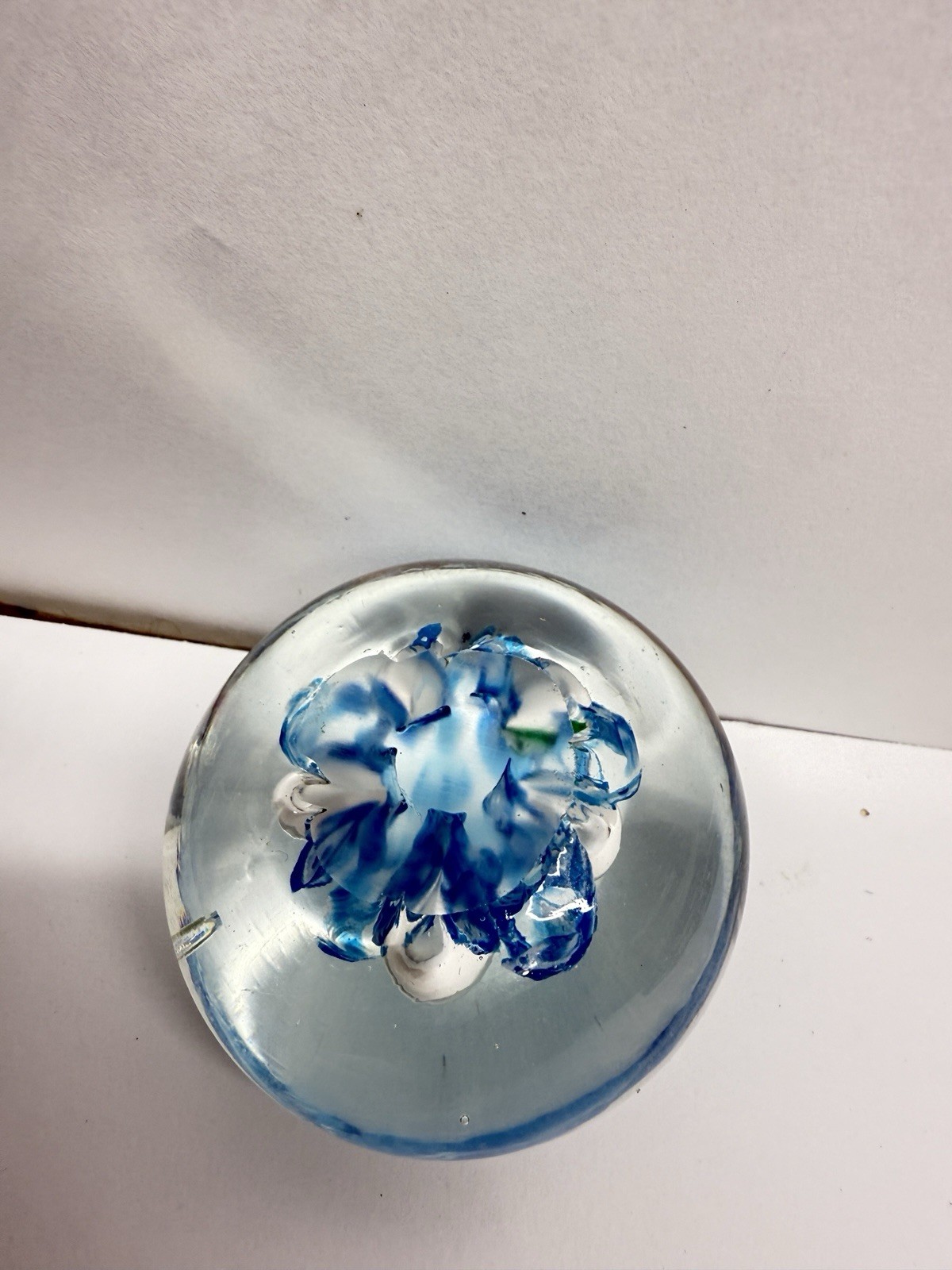 Glass Paperweight Blue White Controlled Bubbles Millefiori Ribbon Starfish 3″