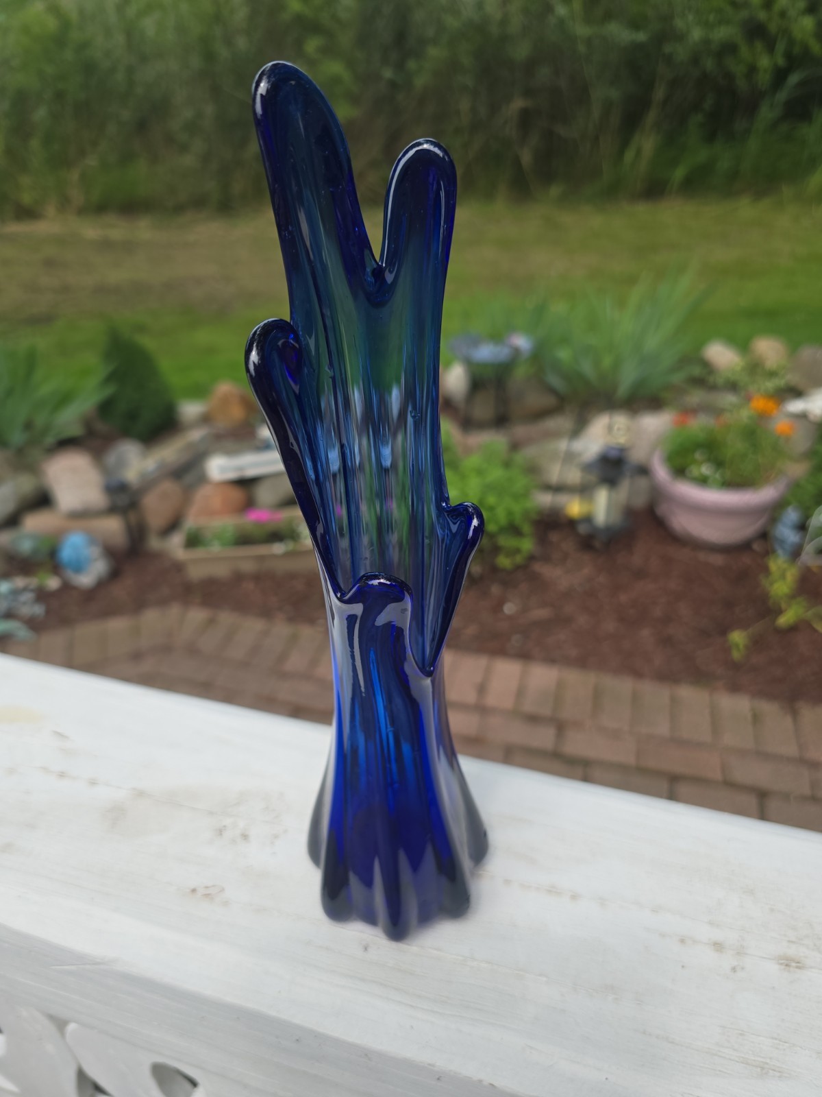 Vintage MCM 5 Finger Cobalt Blue Glass Swung Vase Approx 10” Tall Great Color