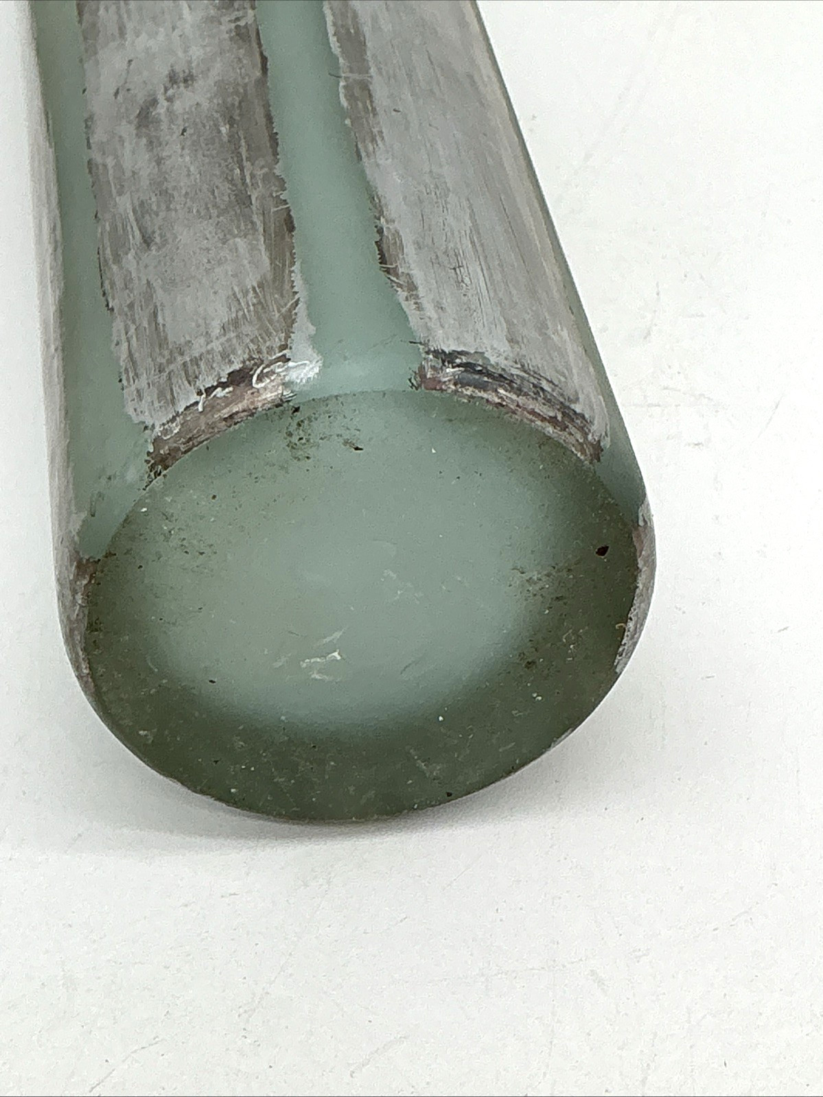 Illegibly Signed Art Glass Vase Chunky Green Glass W/ Silver Leaf 9 1/4″