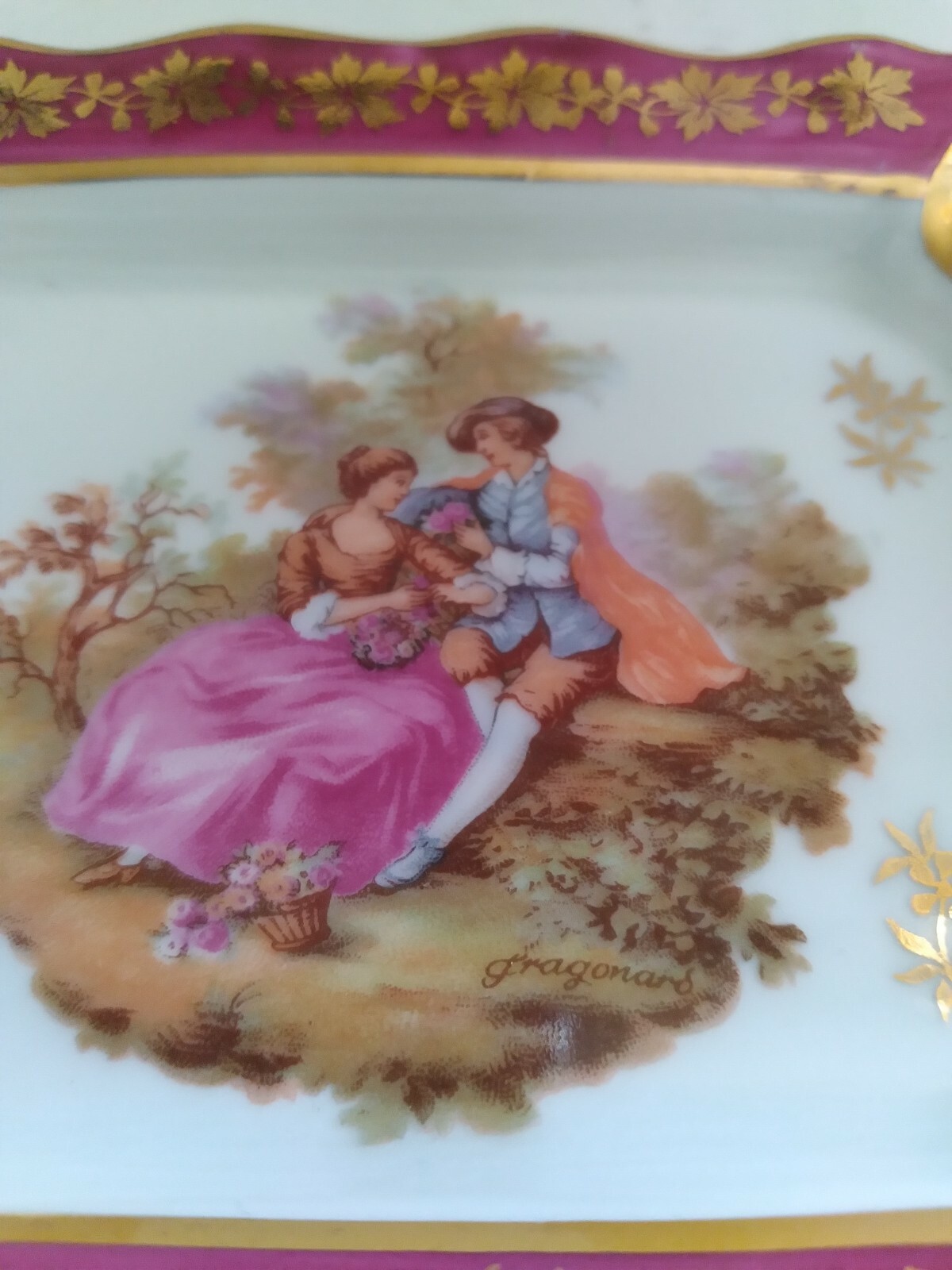 Vintage LIMOGES France Trinket Dish Ashtray Fragonard Scene Signed 5-1/8″x4″