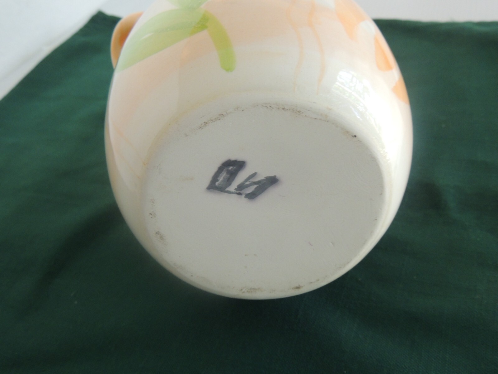 Tulip Flowers Porcelain Vase with side handles peach on white green leaves 8 in