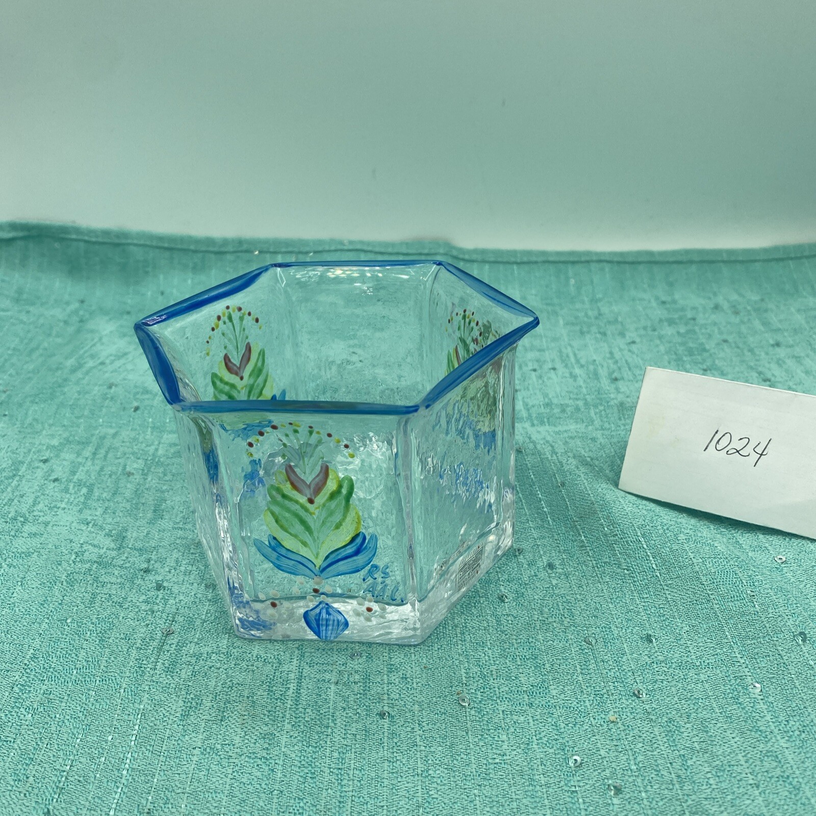 Old Sweden from Sea Rune Strand handblown glass vase handpainted & signed 4”