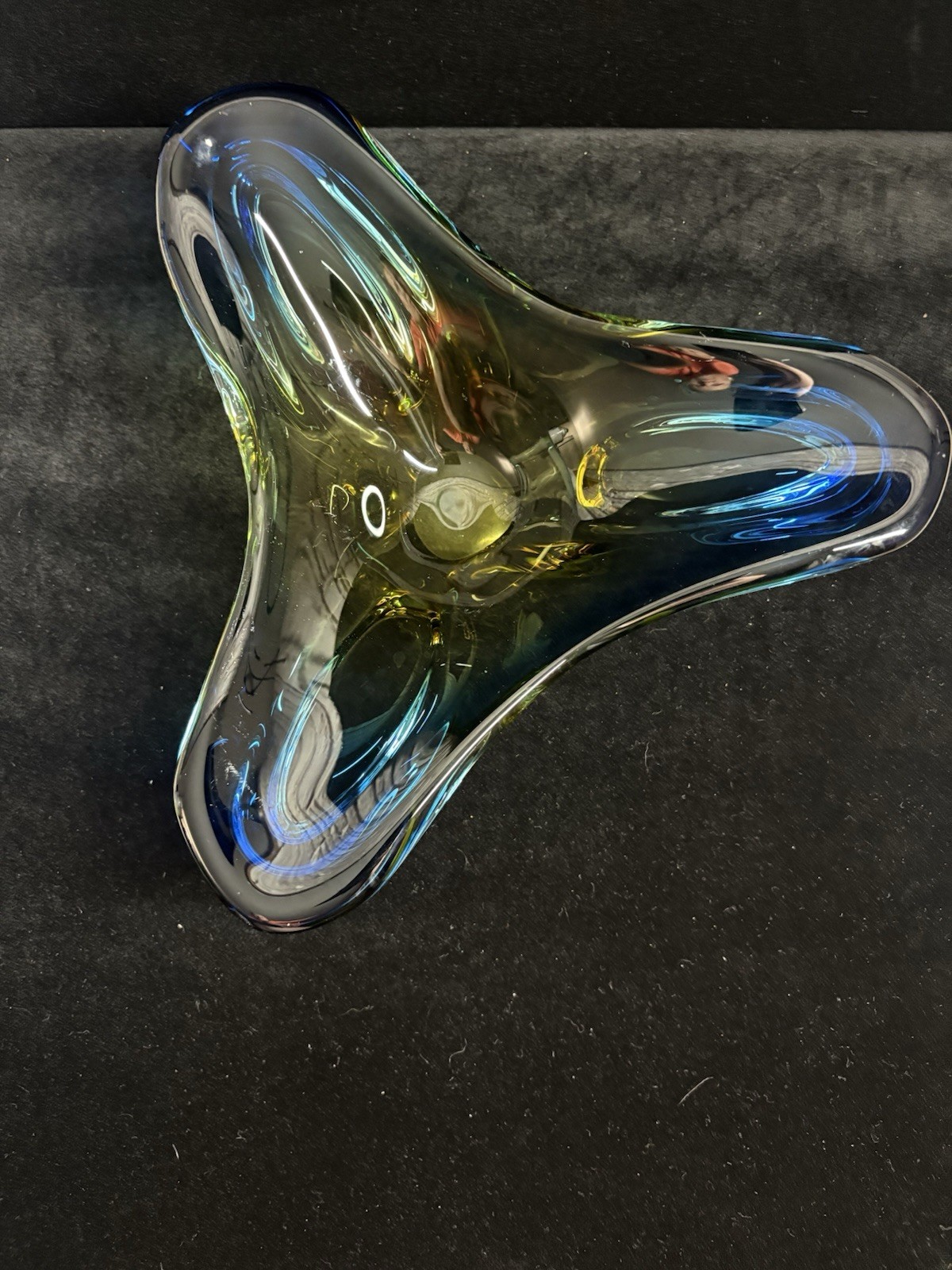 Vintage Murano Sommerso Art Glass Rounded Triangle Yellow Blue Dish Ashtray MCM