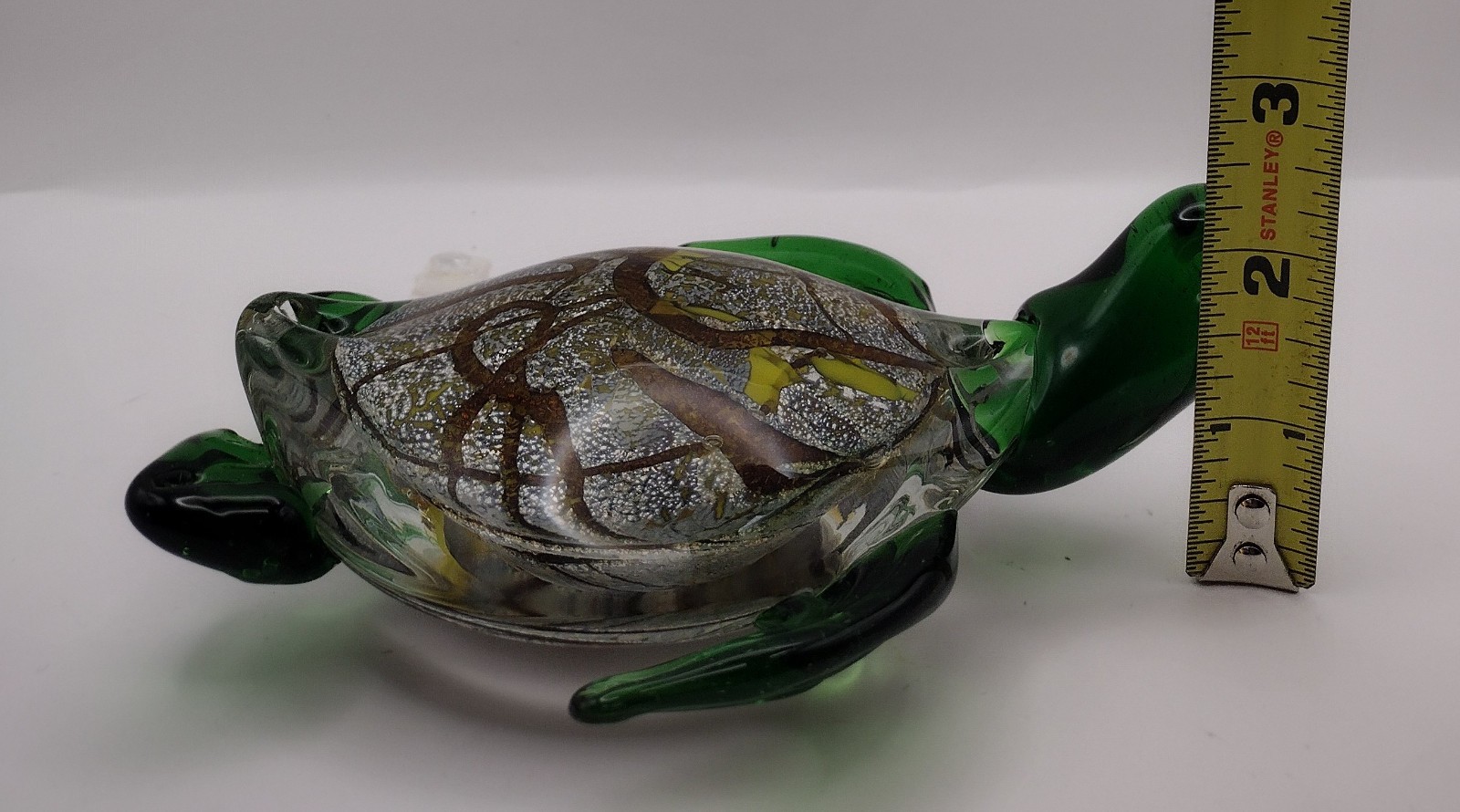 Murano Style Sea Turtle Glass Paperweight Figurine Hand-Blown Green Brown 6”