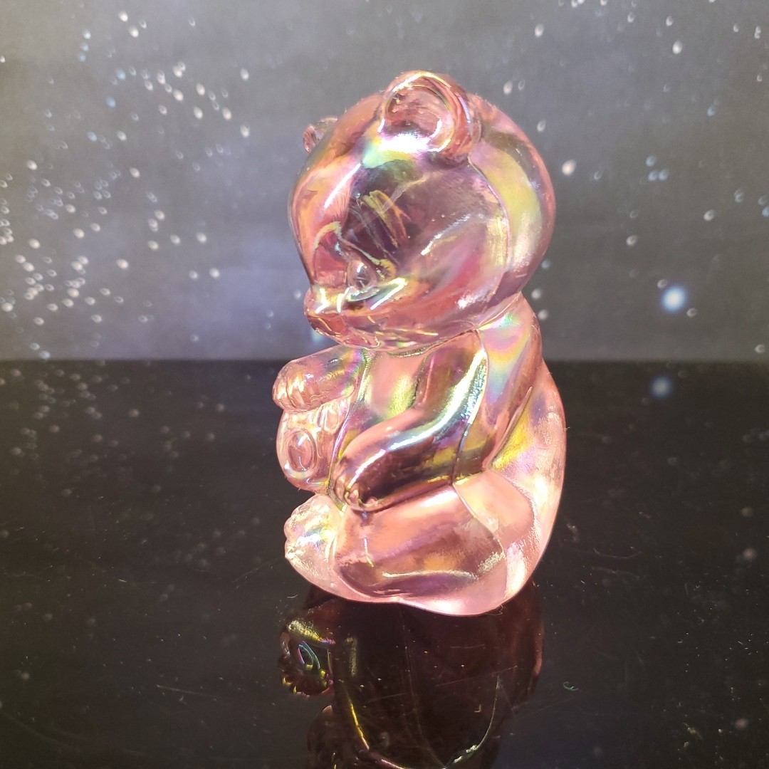 VTG Fenton Art Glass Pink Champagne Iridescent Carnival Glass Bear Figurine RARE