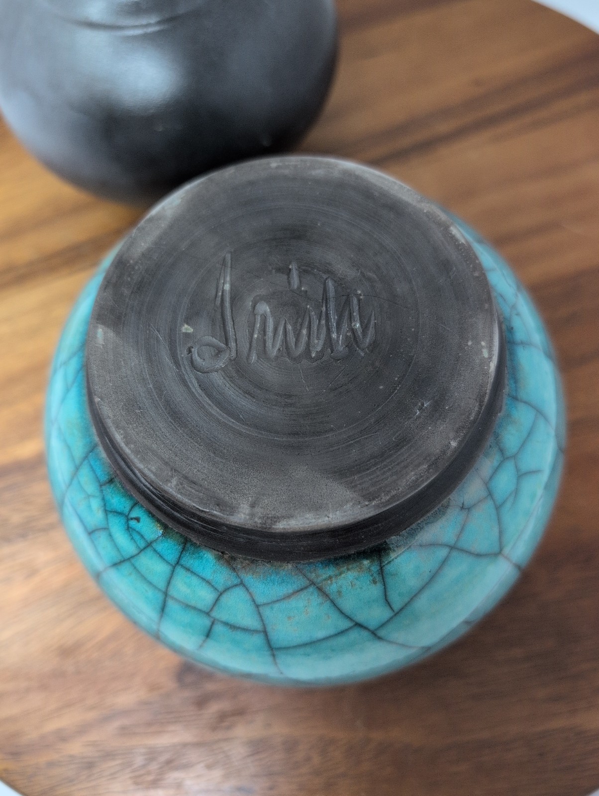 Lot Of 2 Raku Studio Pottery Signed 1 Turquoise 1 Crackle Gray