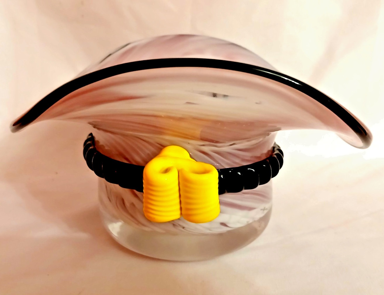 Vintage Murano Style Hand Blown Glass Hat With Pink Purple Swirls Yellow Bow