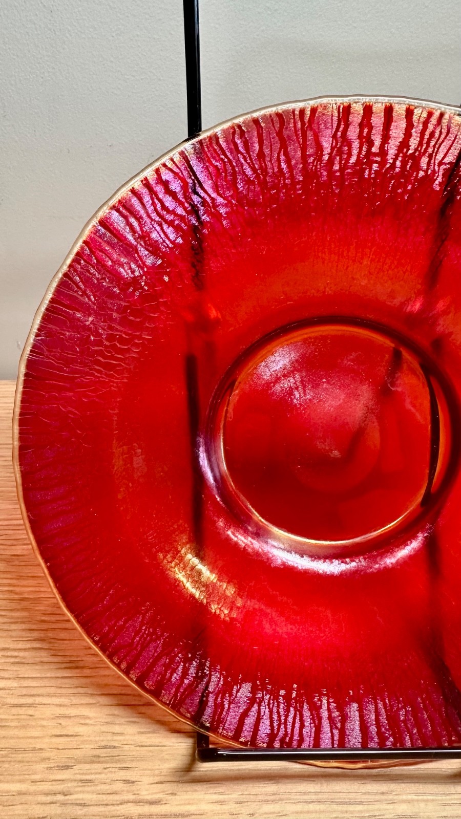 Poschinger VTG Ruby Red Stretch Glass Plate Iridescent Onionskin West Germany 8″