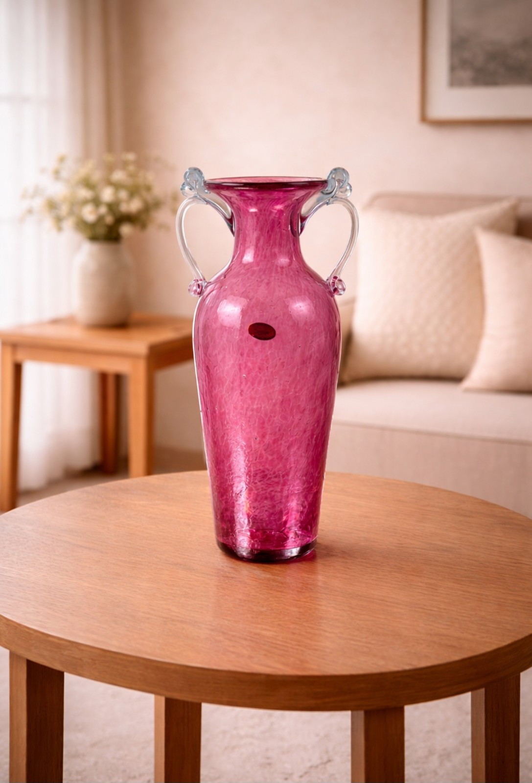 Vintage Murano 11.75″ Tall Pinkish Purple Vase with Dual Blue/Clear Handles