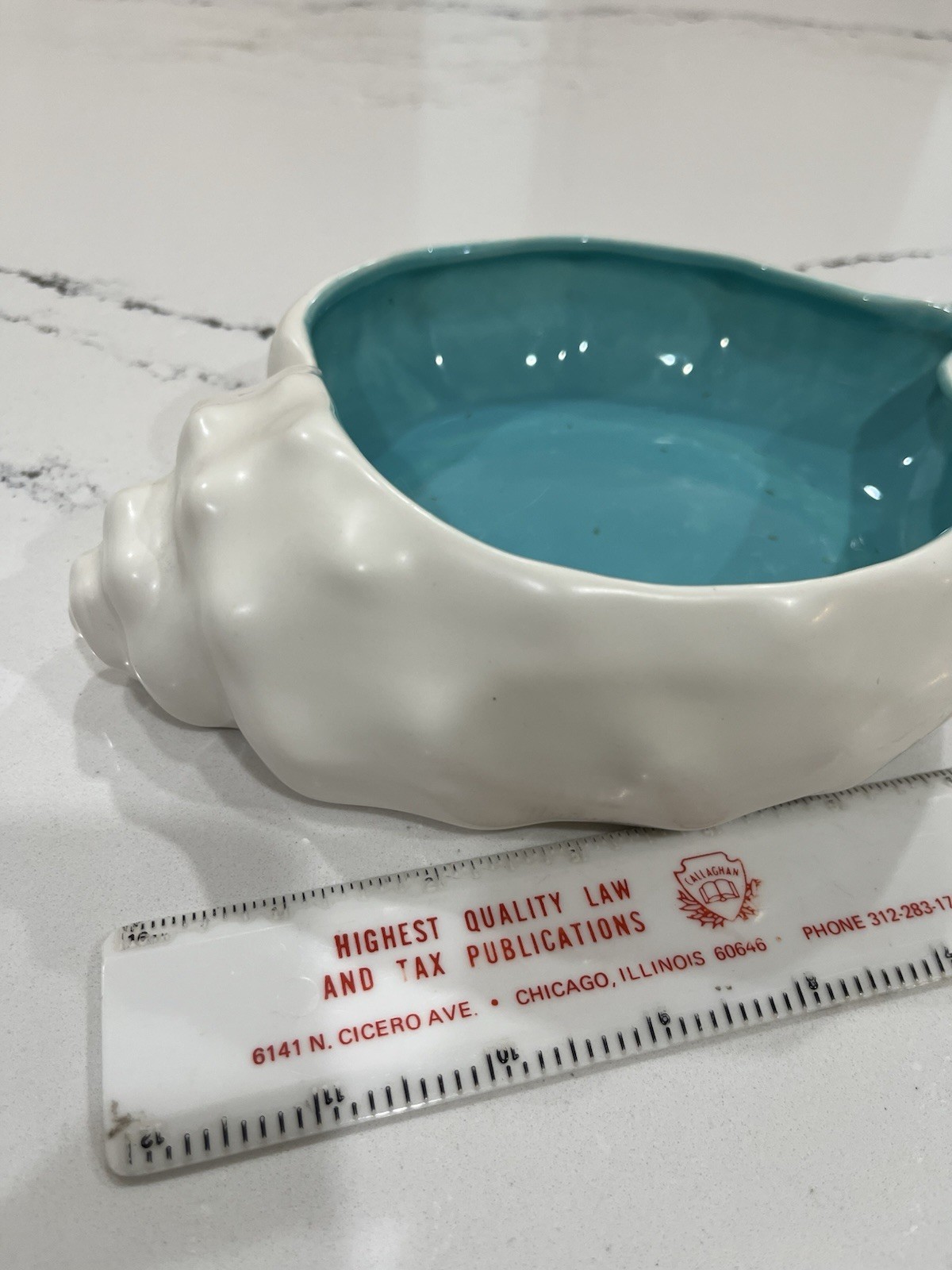 Vintage MCM West Coast Pottery Seashell Dish White & Turquoise 9 x 6 x 2.25”