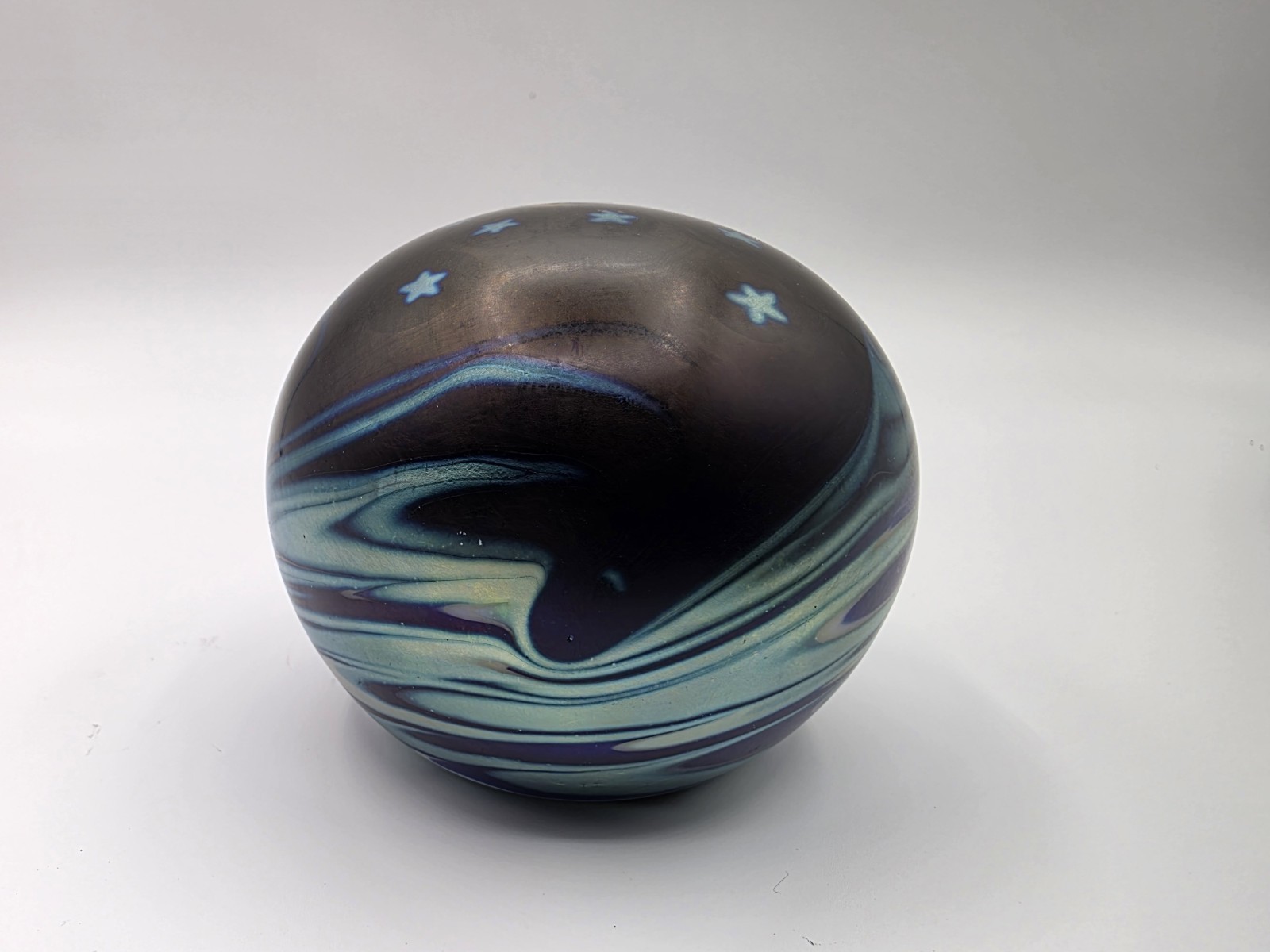 1987 Lundberg Studios Starry Night Moon & Waves Glass Paperweight