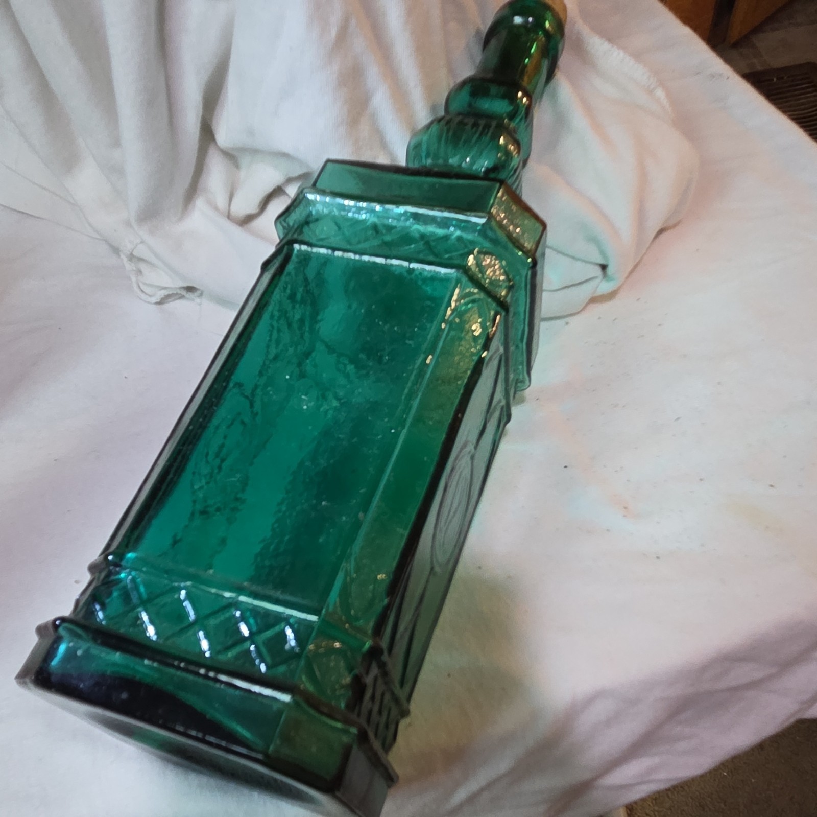 Green Pressed Glass Decorative Bottle w/ Stopper, Geometric Pattern