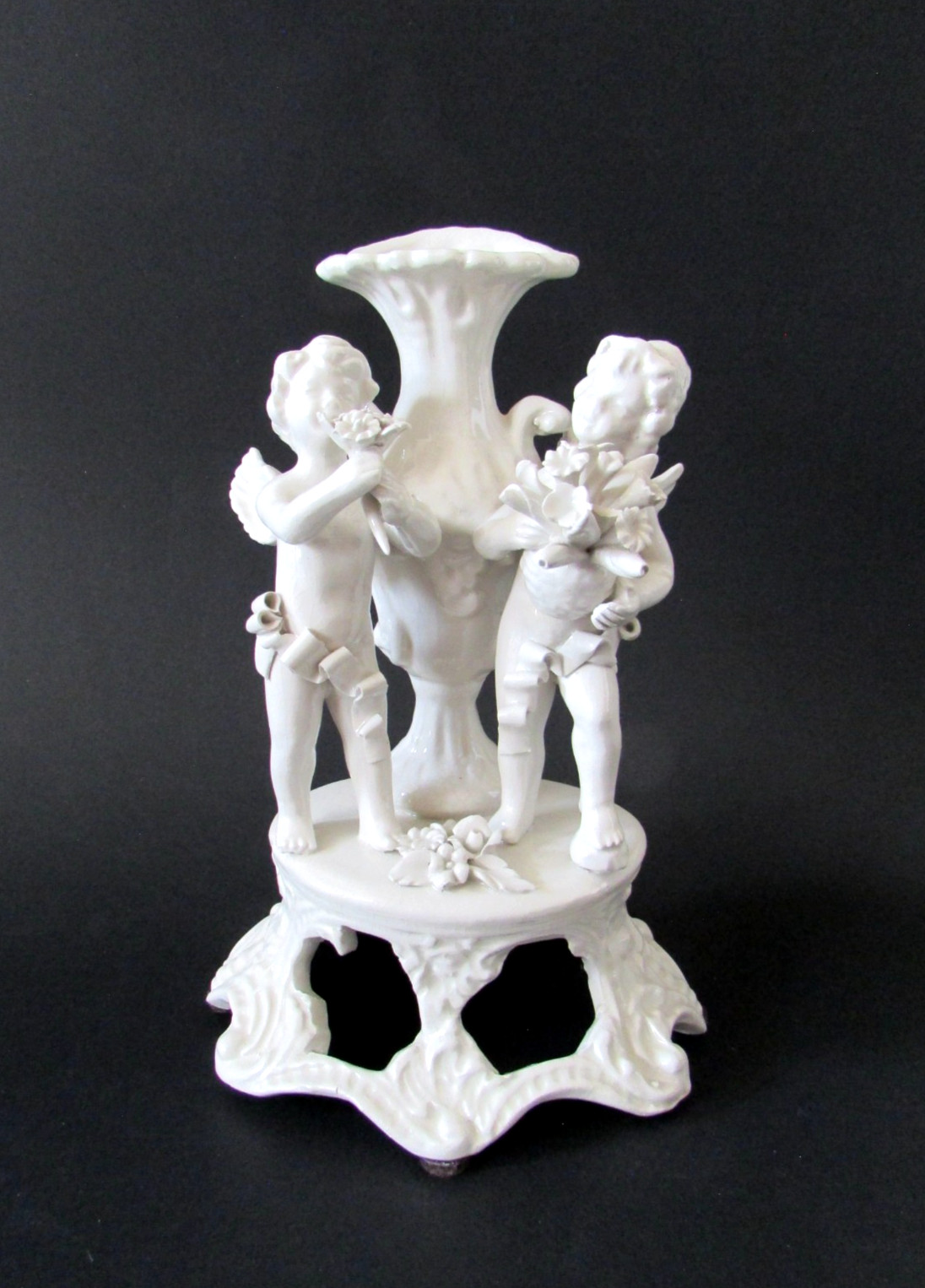 Mid Century Italy Blanc de Chine White Ceramic Rococo Cherub Vase
