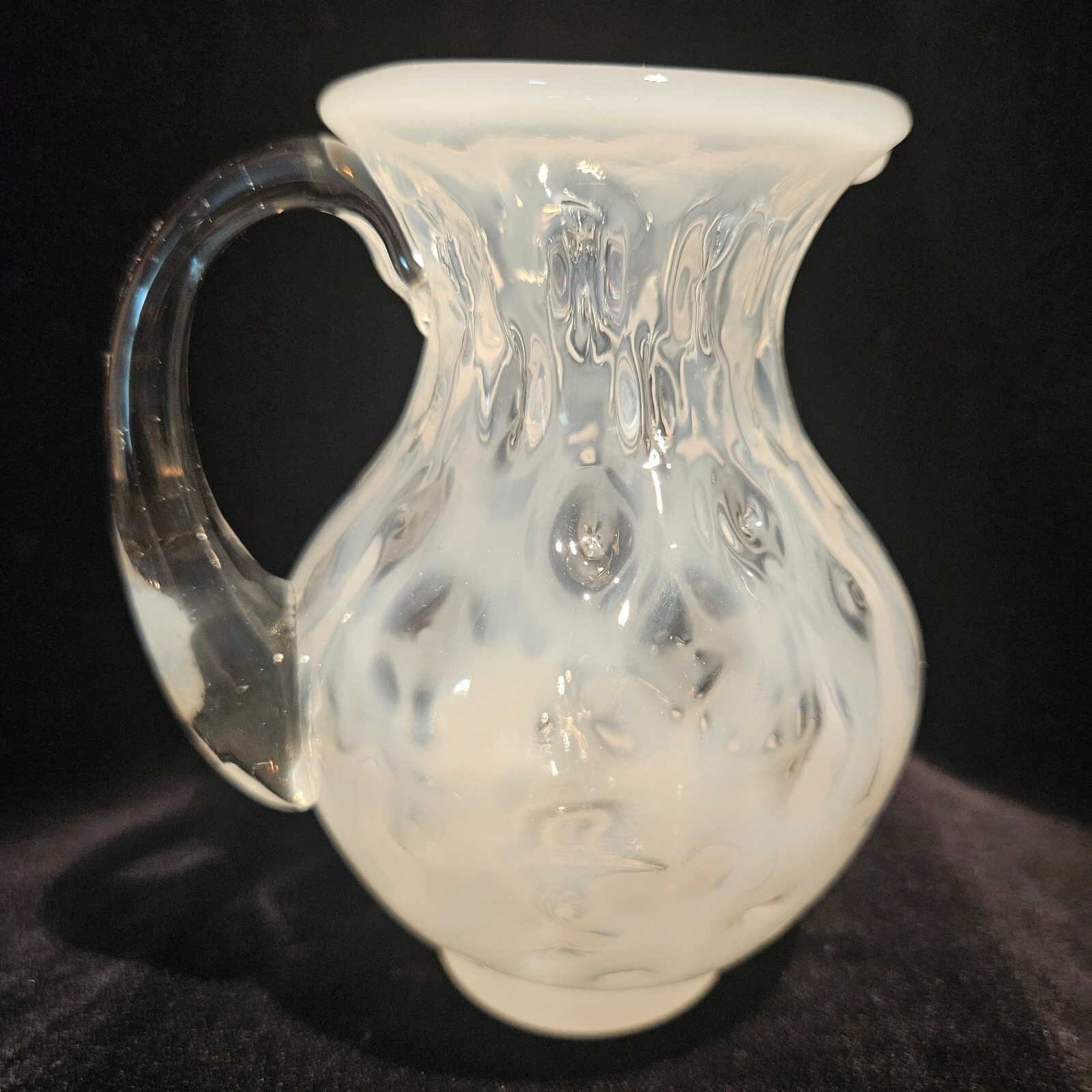 FENTON White Opalescent Coin Dot Pitcher Creamer Hand Blown Pinched Neck 4.5″