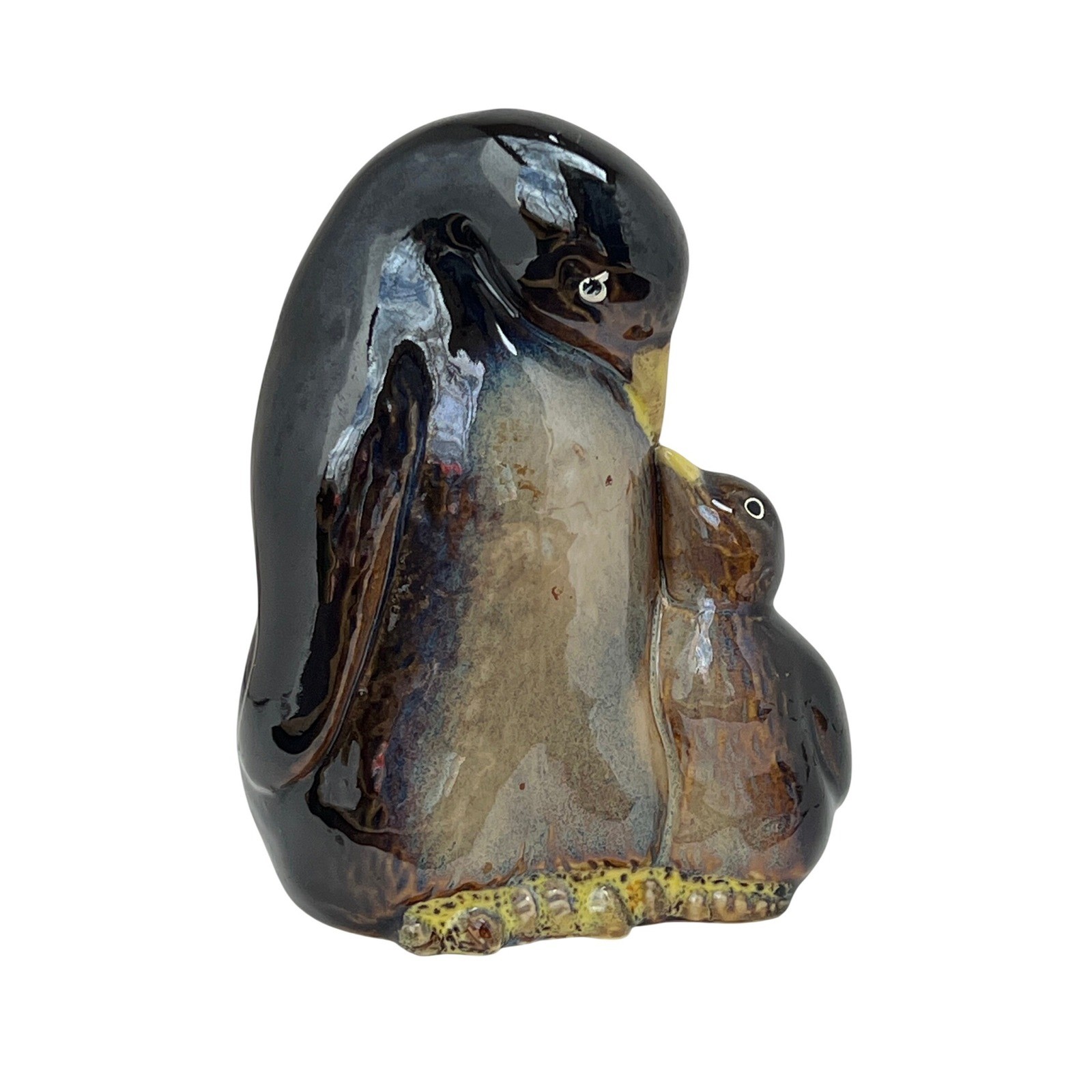 Penguin Figurine Ceramic Parent Chick Drip Glaze Blue Brown MCM Style Vintage