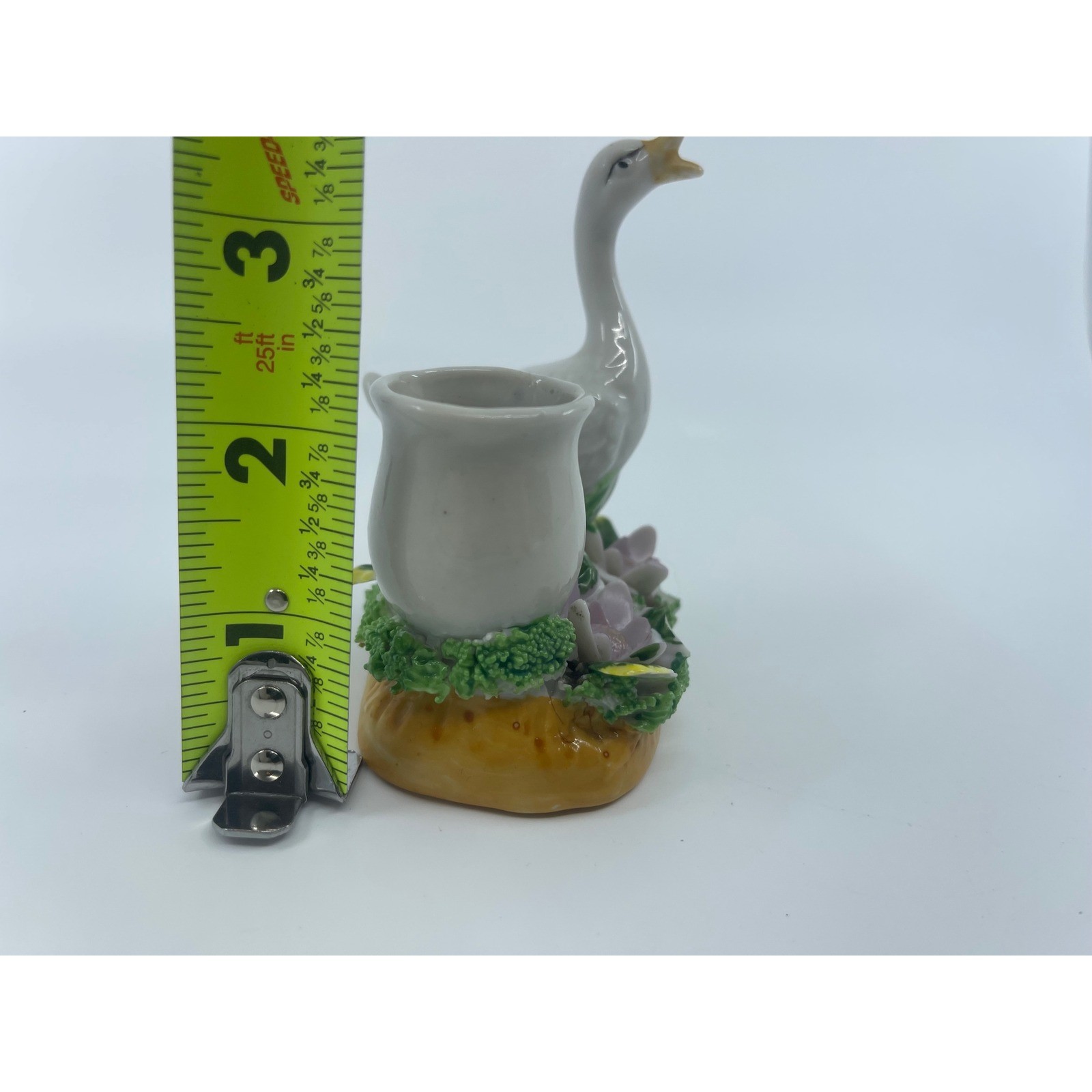 Vtg Ceramic Goose Planter Pot Holder With Purple Lily Flowers 4″