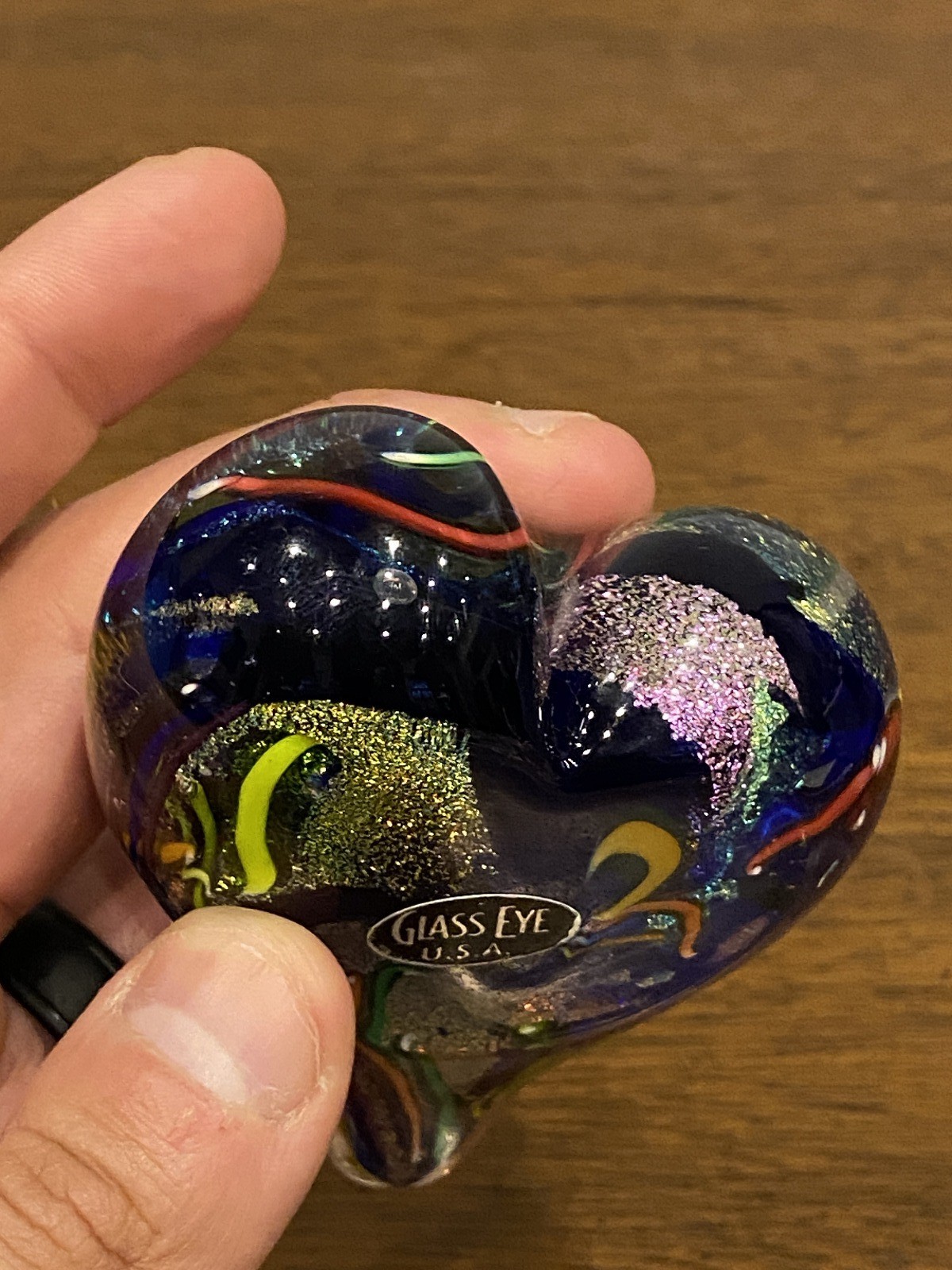 STUNNING Glass Eye Studio Multicolored HEARTS OF FIRE Sparkle Paperweight 3.75″L