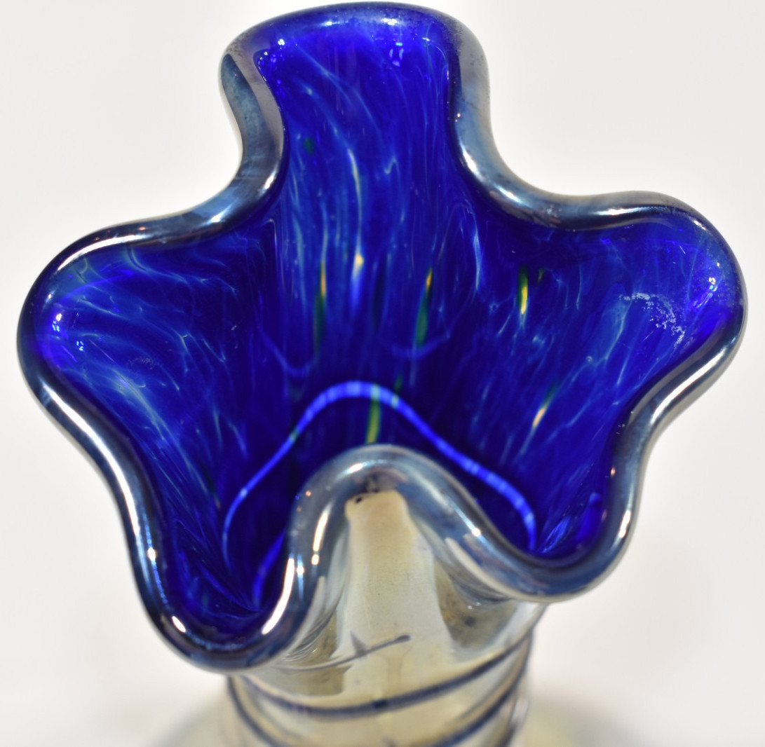 Studio Art Glass Vase Artist Signed 2006 Swirl Twist Neck Metallic Silver Blue