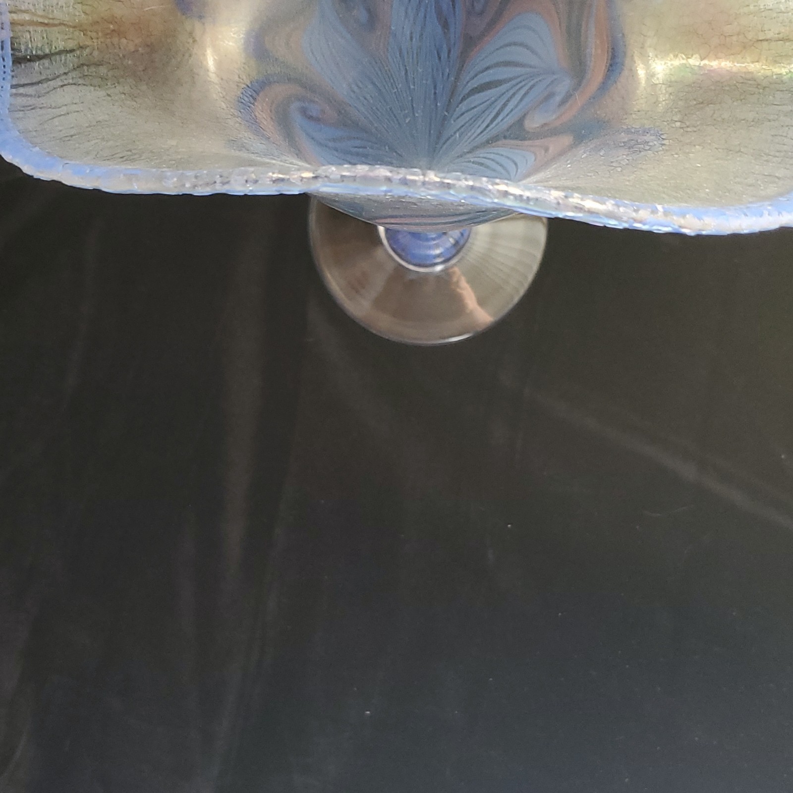 Vandermark Signed Blue Iridescent Art Glass Fan Vase w/ Pedestal Base. 13 3/4 in