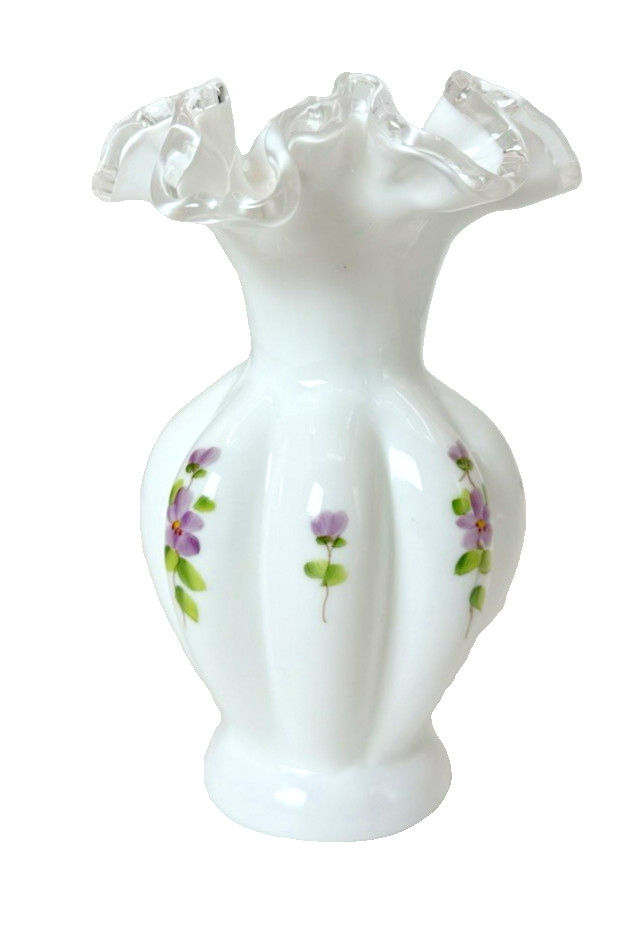 Fenton Silver Crest Ruffled Hand Painted Violets in the Snow 6″ Vase