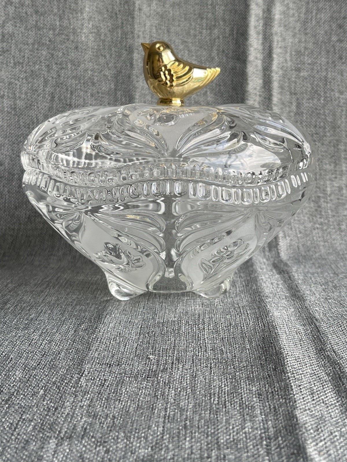 Gold Bird Garden Glass Covered Candy Dish Flowers Birds Molded 3 Leg Wave Edge
