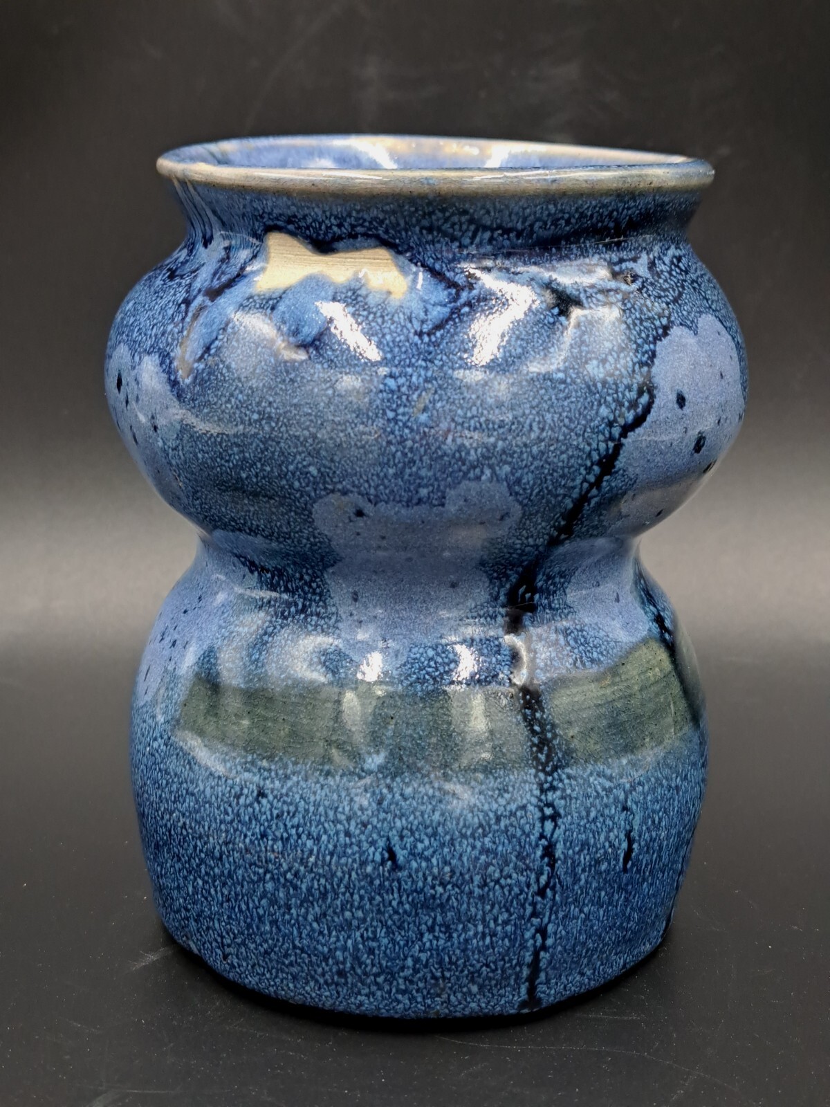 Vintage Bulbous Studio Pottery Blue Green Drip Glaze Hourglass Vase 5.5″ Unique