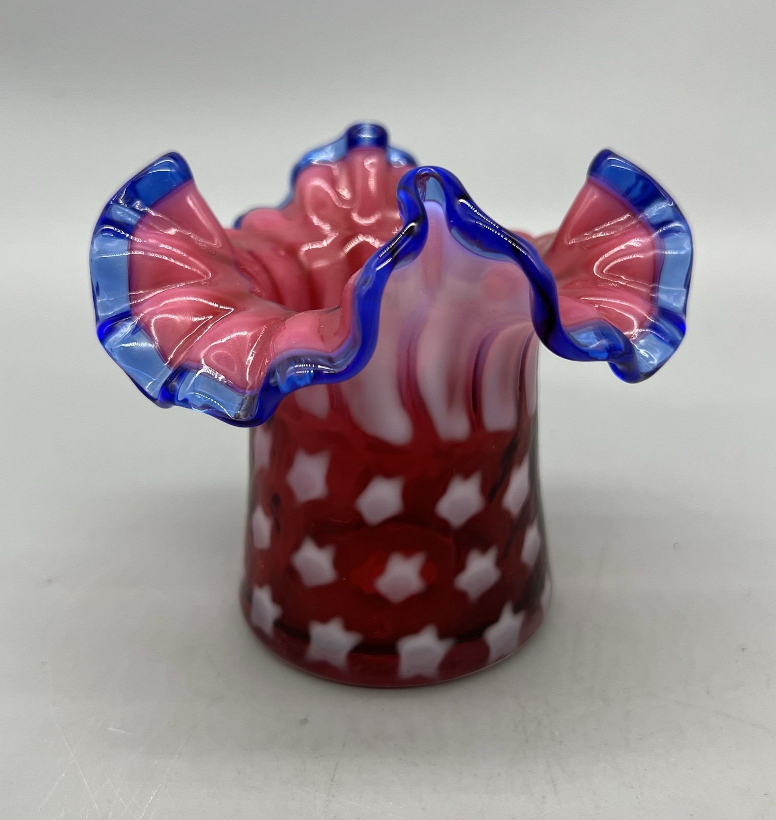 Fenton Stars and Stripes Patriotic Hat Ruffle Vase Red White w Cobalt Blue Crest