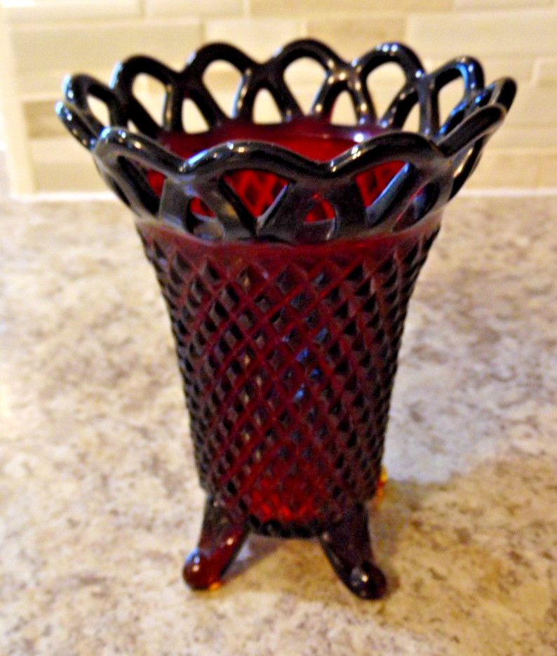 Vintage Imperial Glass Vase Diamond Point Pattern Ruby Red Open Lace Rim