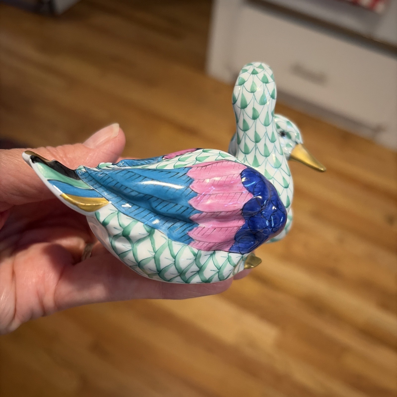 Herend Porcelain Green Fishnet Courting Ducks 5036 150 Year Anniversary Figurine