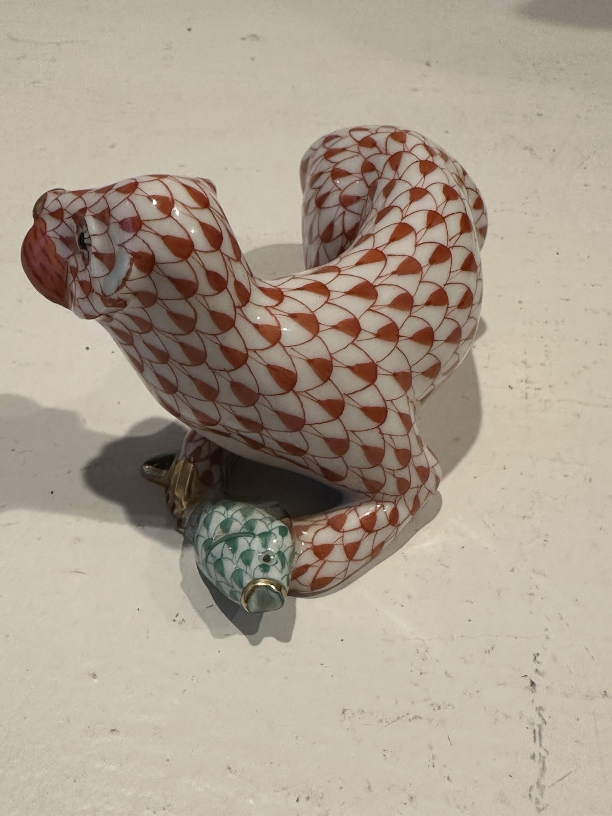 HEREND Otter W/ Fish Black Fishnet Figurine Rust Colored