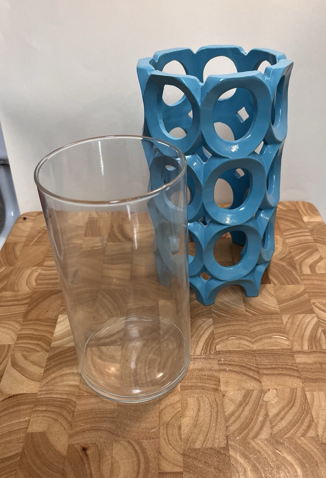 Blue Geometric Decorative Ceramic Vase with Glass Insert, 8″ x 4″. Candle holder