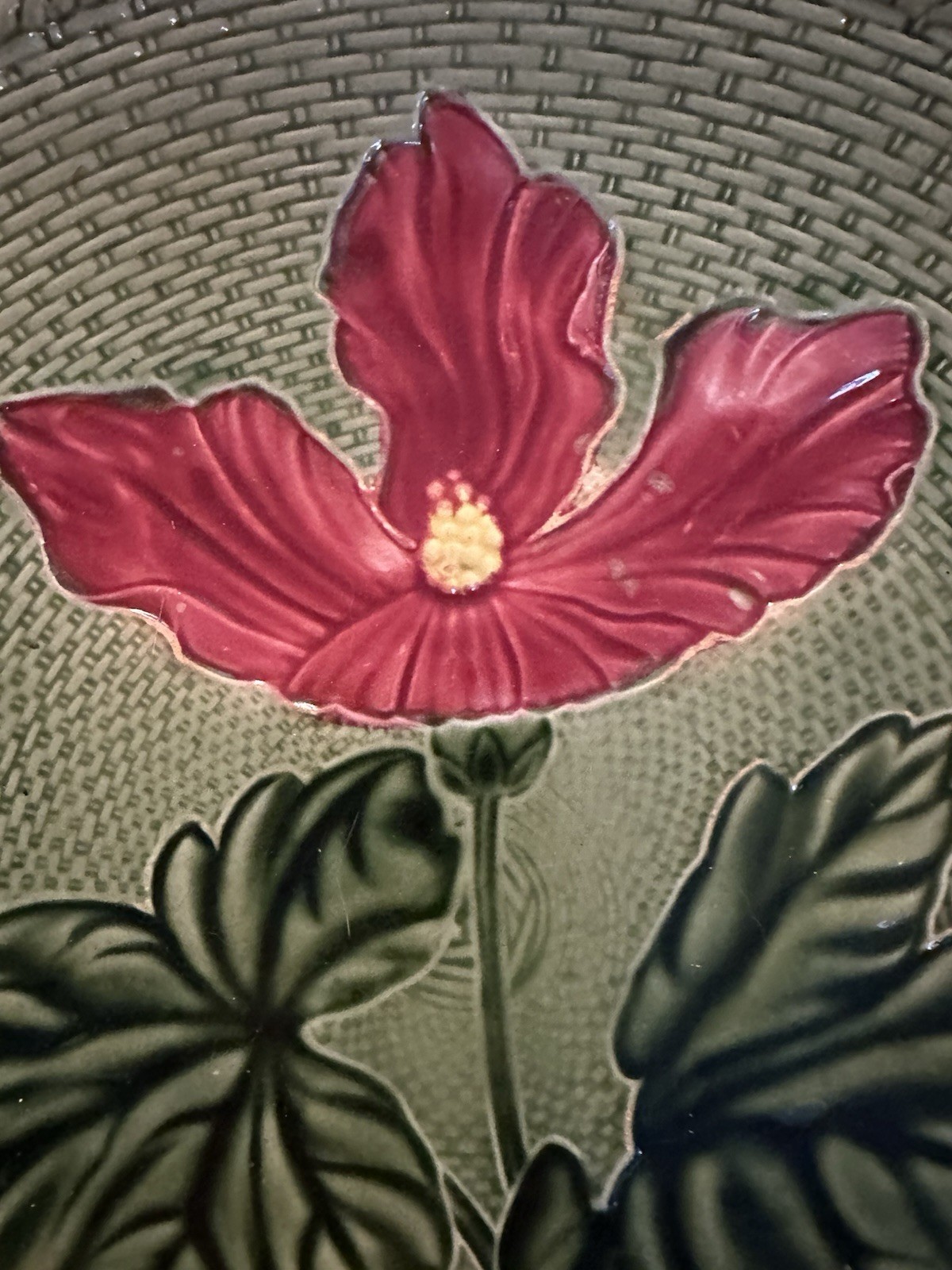 Majolica Hibiscus #2207 Zell German Baden Factory Server Plate W/ Handle 1906