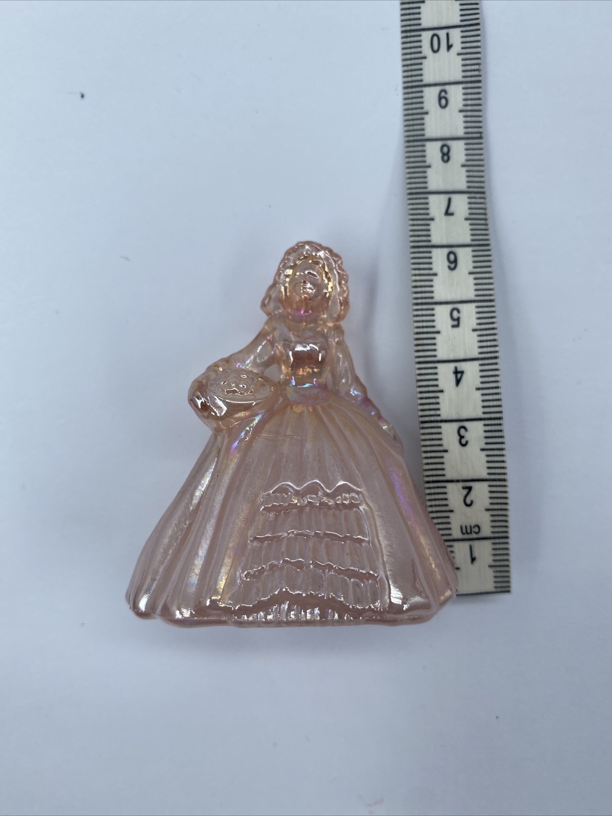Boyd Art Glass 1988-1993 Miniature Colonial Doll In Pink Carnival Glass 6cm Tall