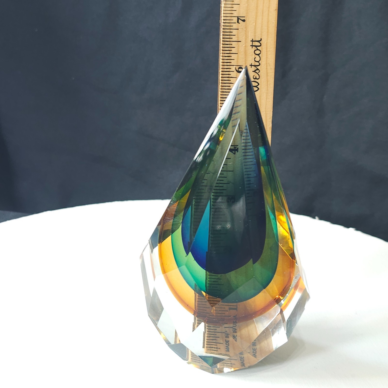 Murano Glass Faceted Teardrop Paperweight 6” Blue Peacock Tones Vintage